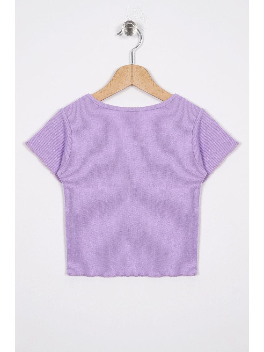 Bisiklet Yaka Kısa Kol Fitilli Lila Renk Kız Çocuk Tshirt-2