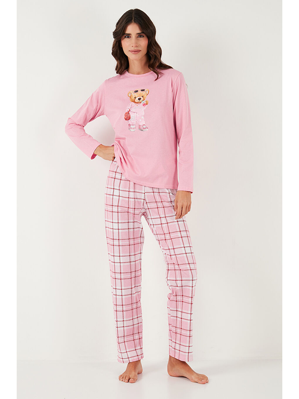 Pembe Pamuklu Regular Fit Baskılı Bisiklet Yaka Pijama Takımı 65723314-1