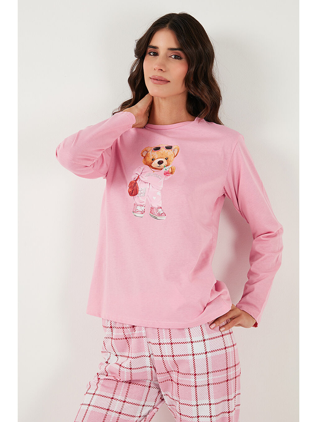 Pembe Pamuklu Regular Fit Baskılı Bisiklet Yaka Pijama Takımı 65723314-2
