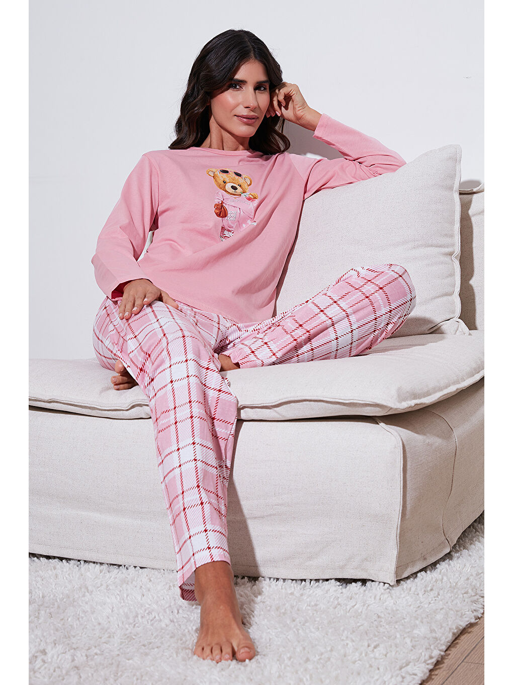 Pembe Pamuklu Regular Fit Baskılı Bisiklet Yaka Pijama Takımı 65723314-4