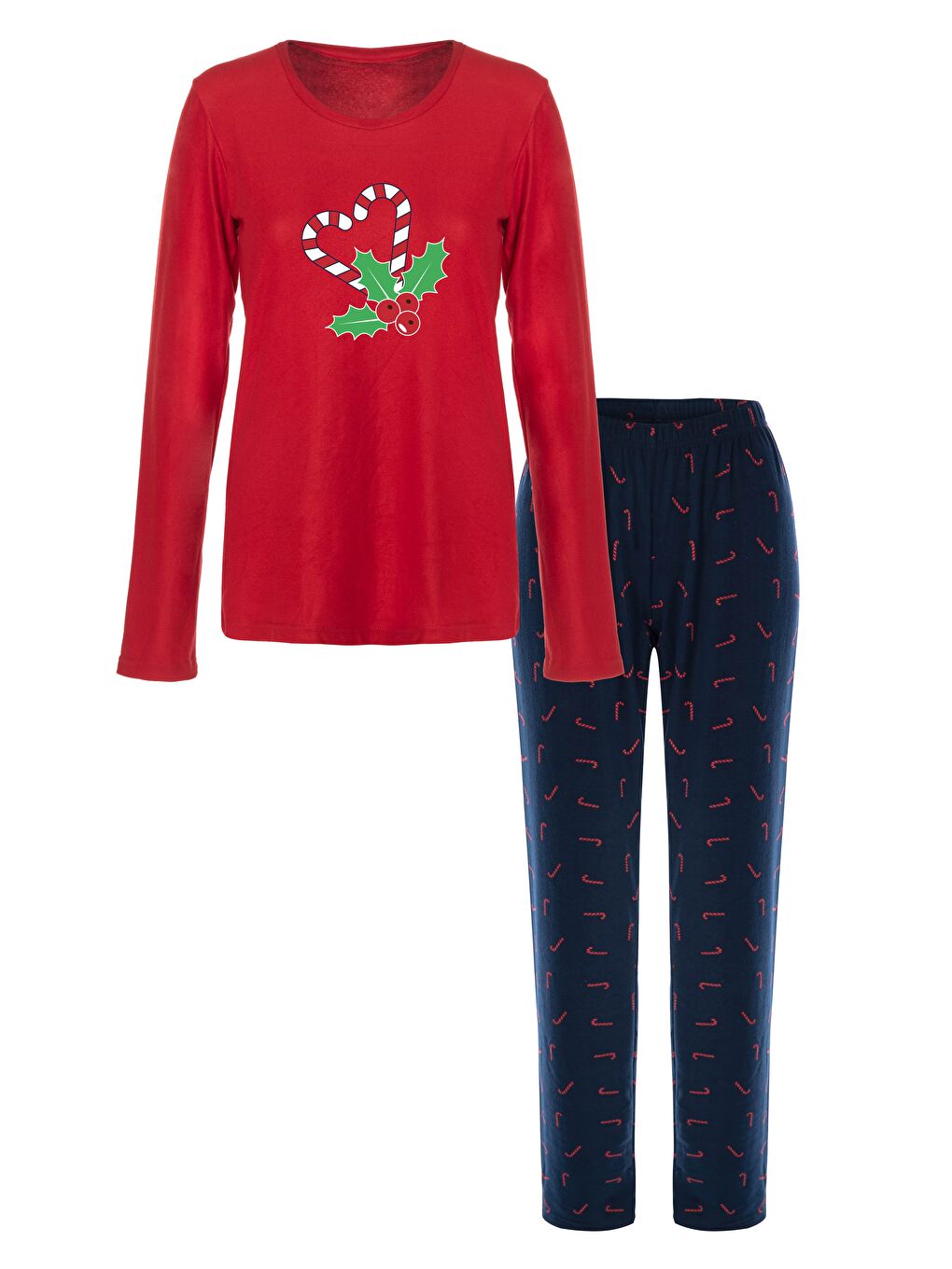 Kırmızı Yılbaşı Temalı Kadın Yumuşak Dokulu Pijama Takımı-1