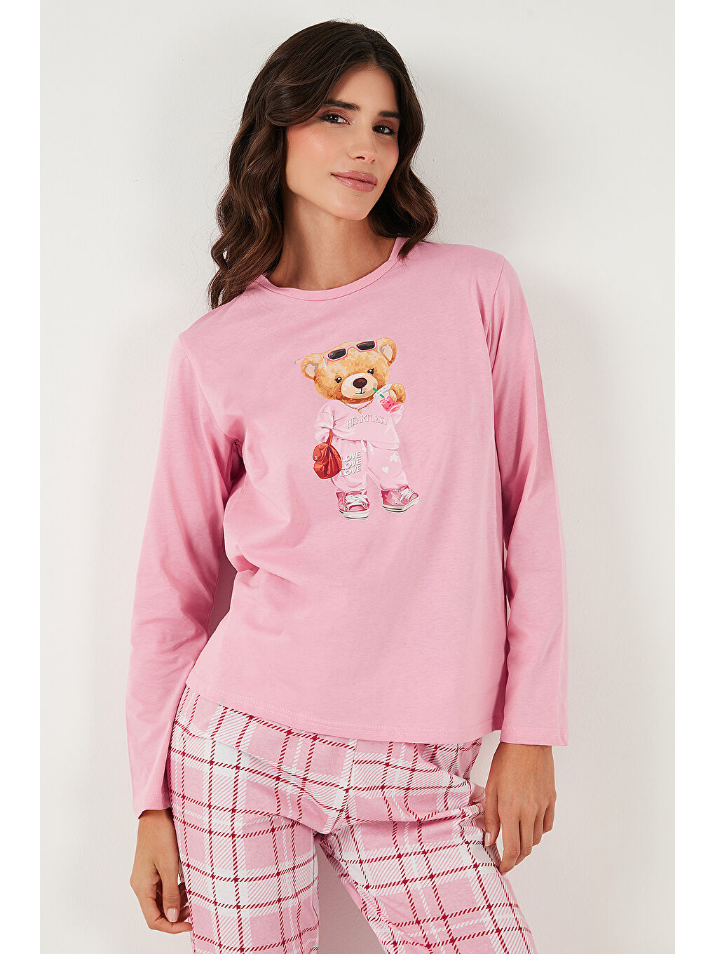 Pembe Pamuklu Regular Fit Baskılı Bisiklet Yaka Pijama Takımı 65723314-5