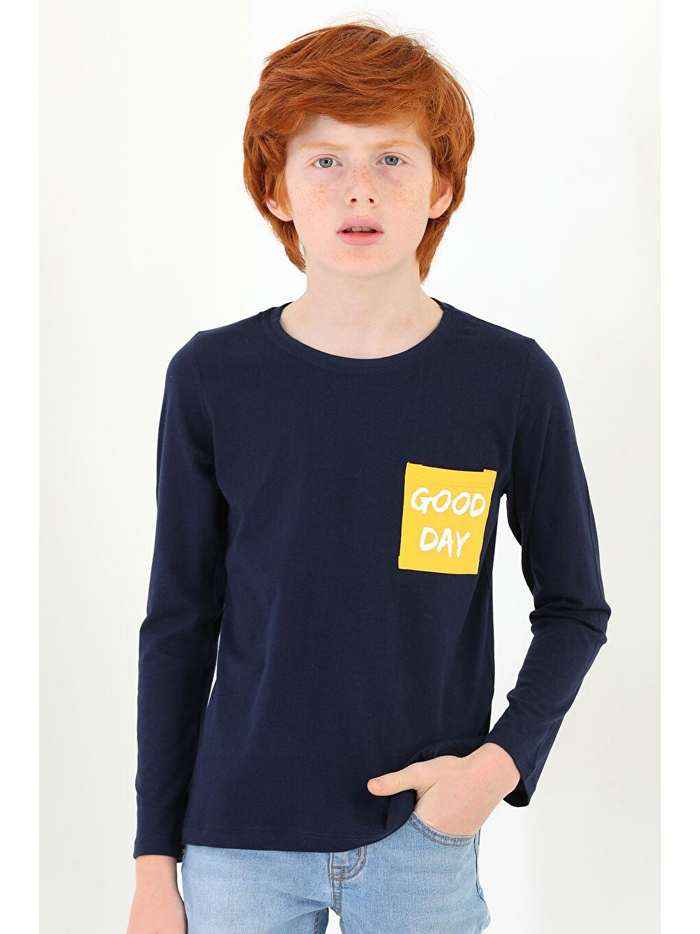 Zepkids Bisiklet Yaka Uzun Kol Ön Ceplı Good Day Baskılı Uzun Kol Lacivert Renk Erkek Çocuk Tshirt - 1