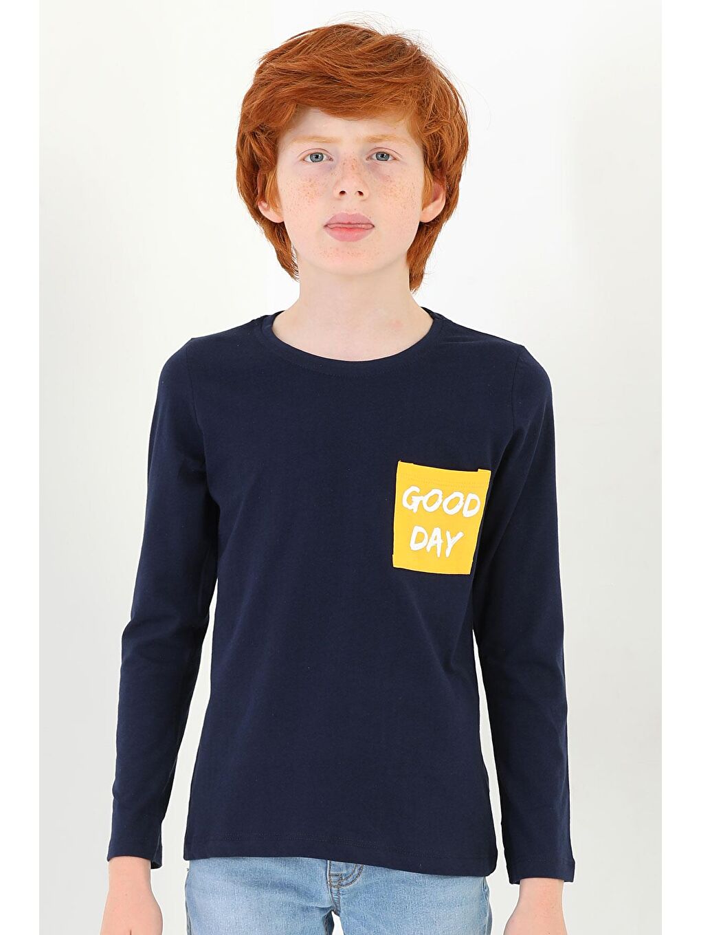 Zepkids Bisiklet Yaka Uzun Kol Ön Ceplı Good Day Baskılı Uzun Kol Lacivert Renk Erkek Çocuk Tshirt - 2