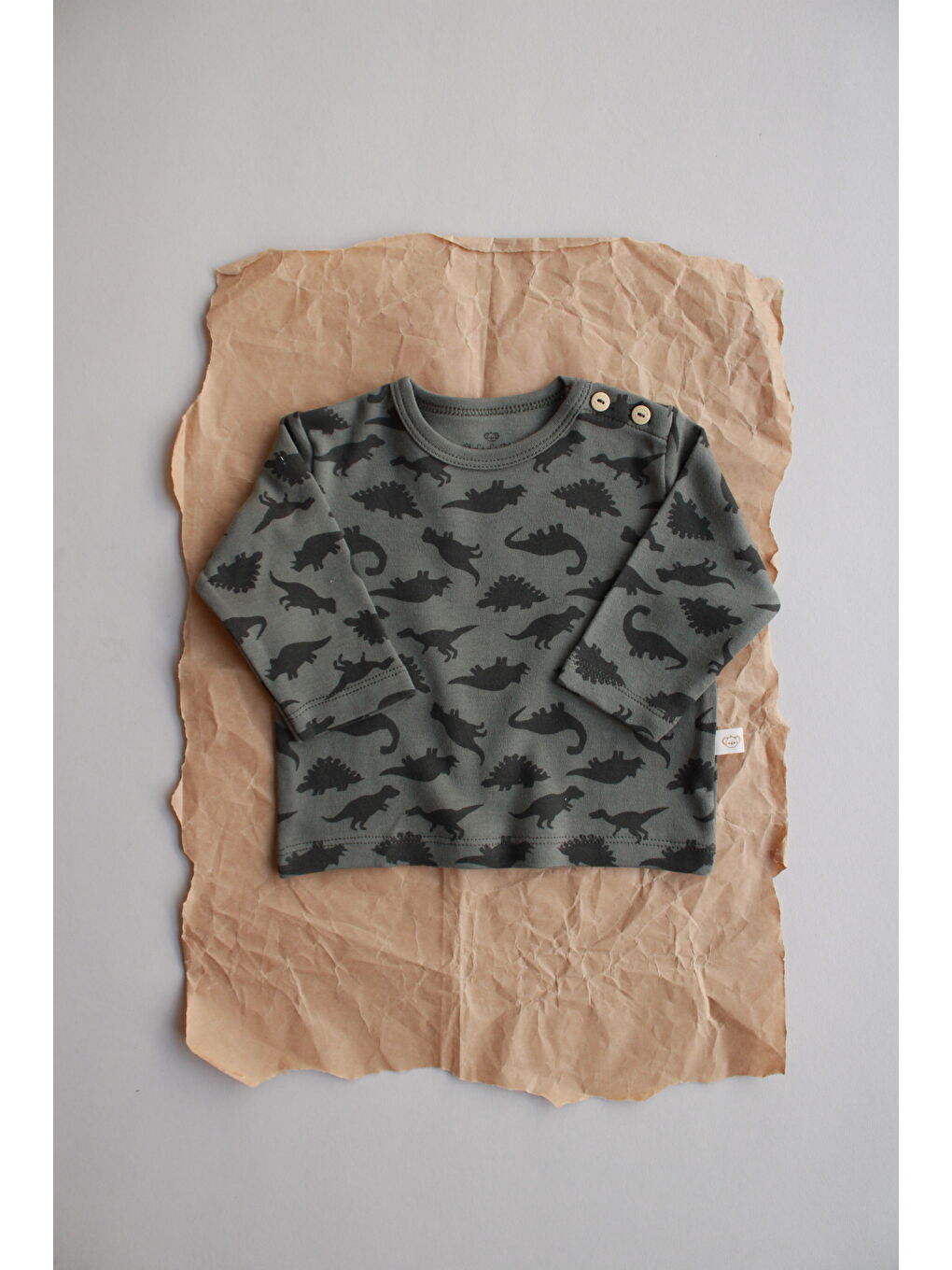 Haki Dinozor Baskılı Düğme Detaylı Bebek Üst