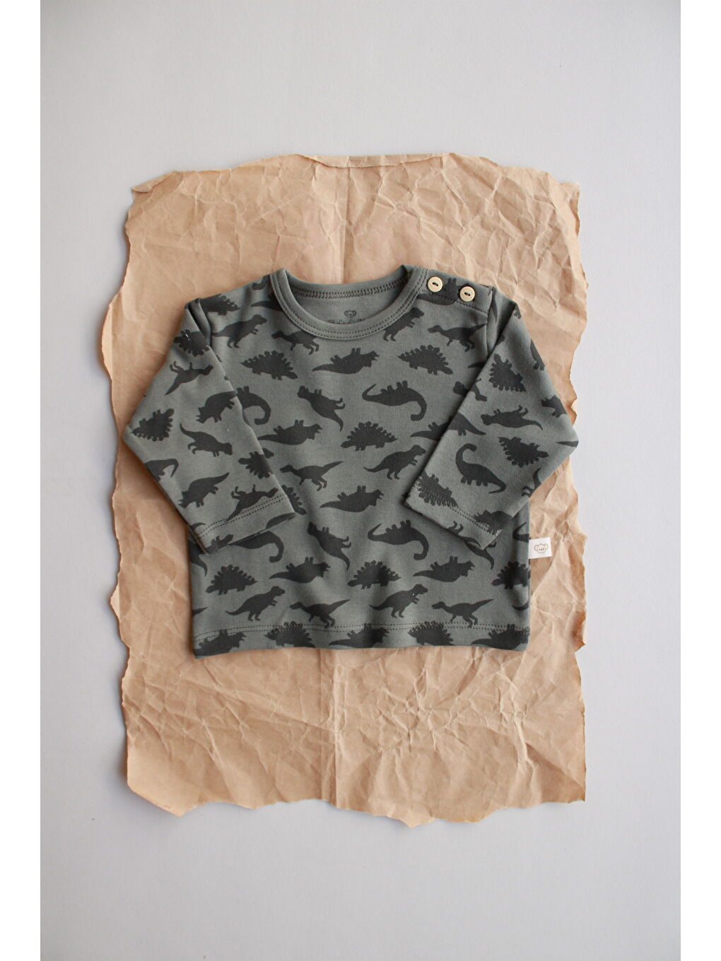 Haki Dinozor Baskılı Düğme Detaylı Bebek Üst-2
