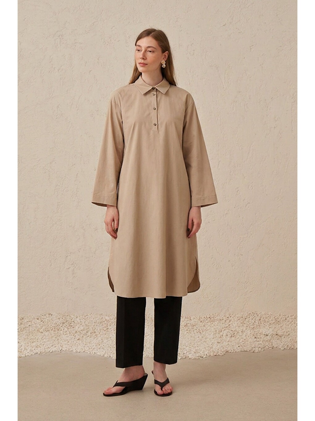 Bej-düğme Detaylı Poplin Tunik-1