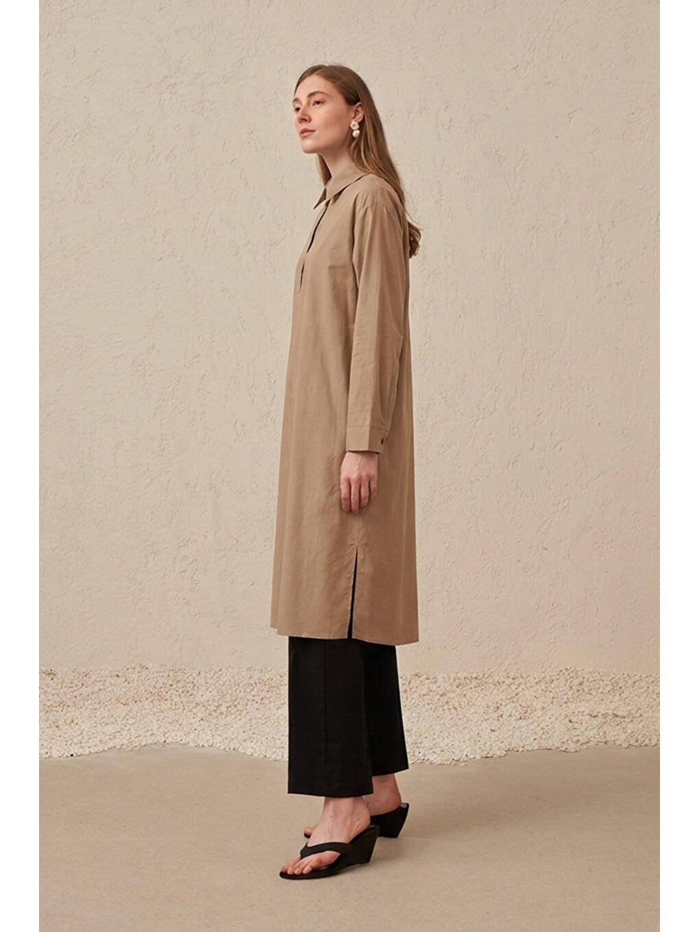 Bej-düğme Detaylı Poplin Tunik-2
