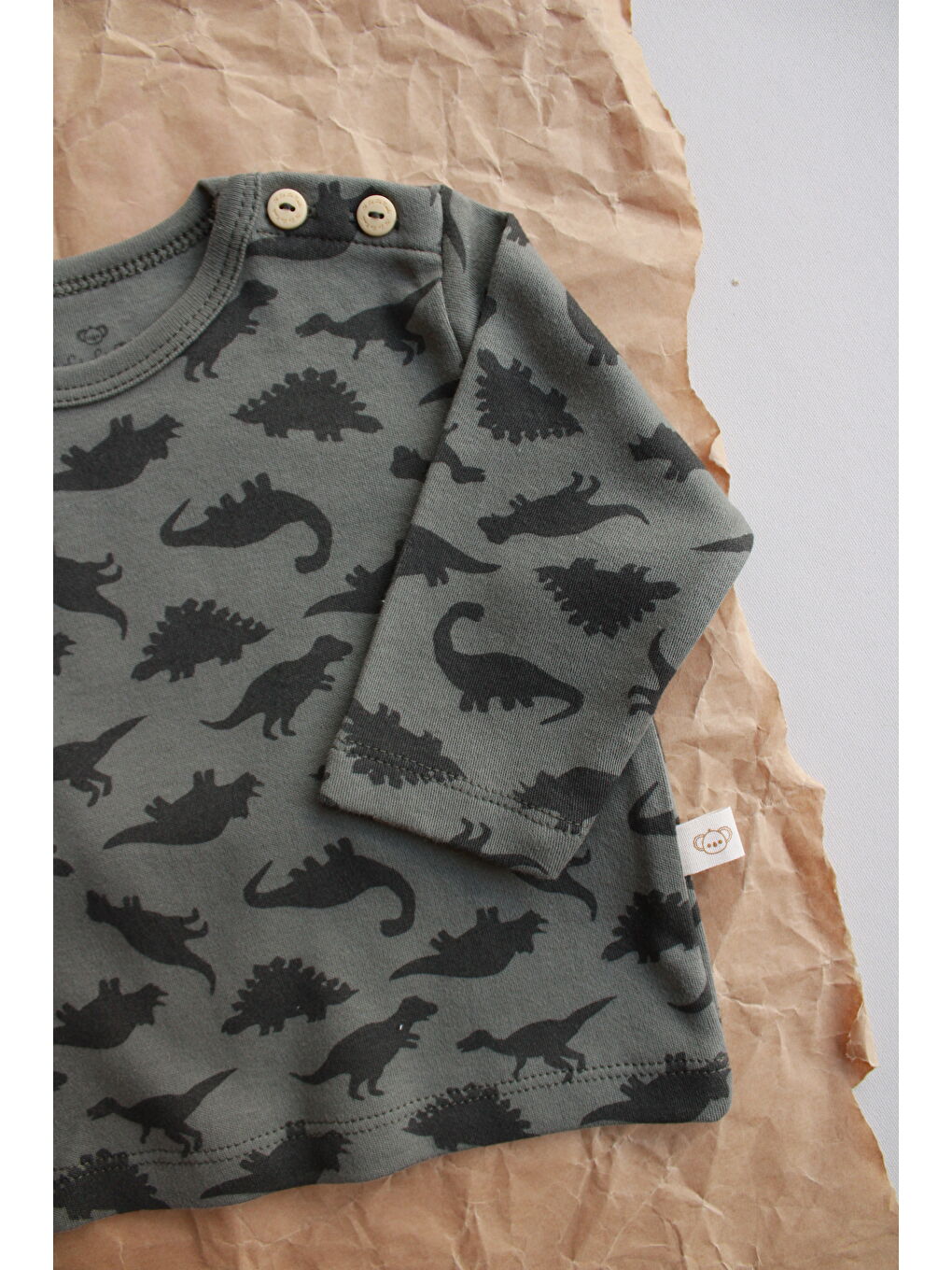 Haki Dinozor Baskılı Düğme Detaylı Bebek Üst-3