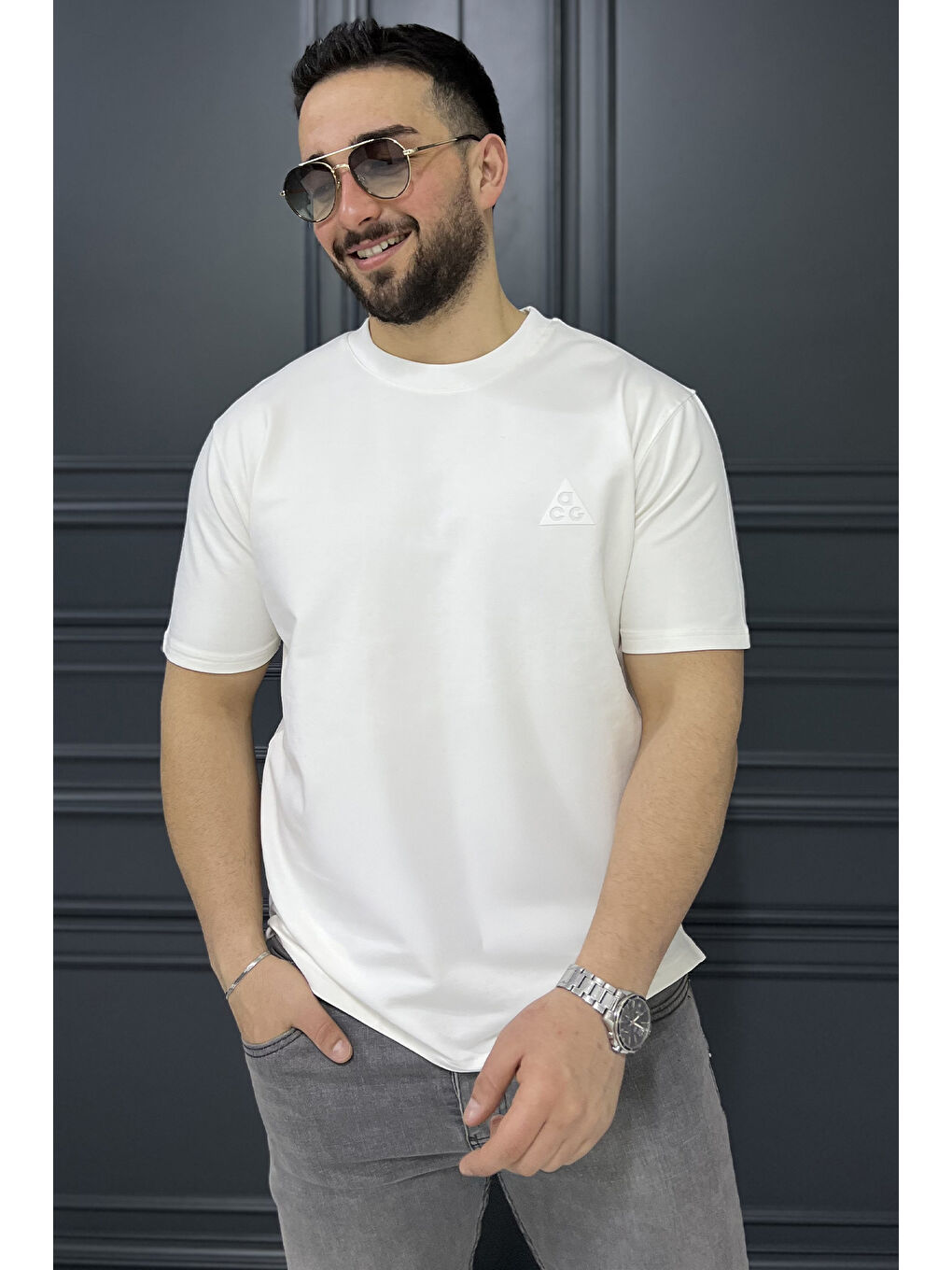 Ekru Erkek Bisiklet Yaka Baskılı Tişört-1