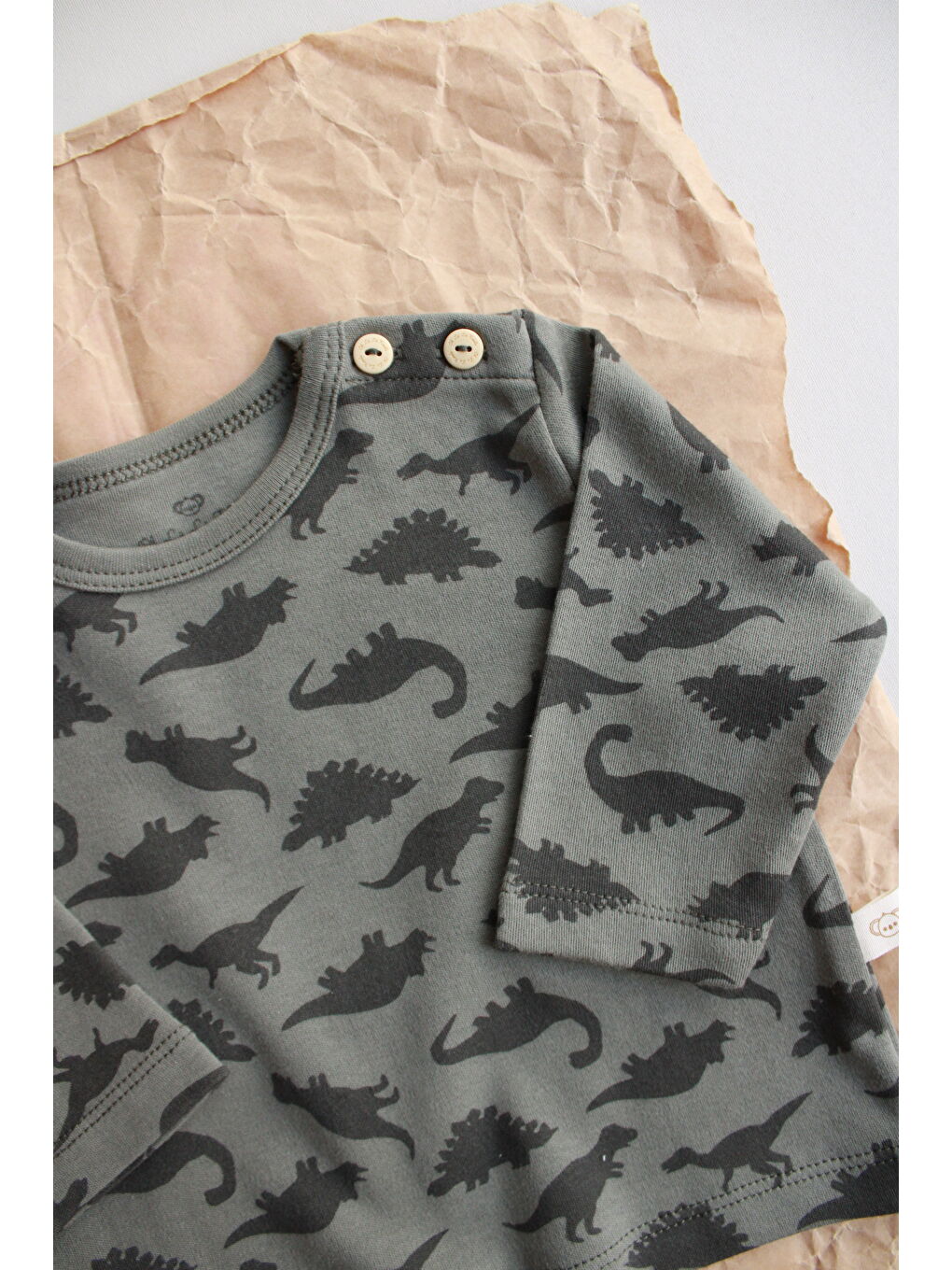 Haki Dinozor Baskılı Düğme Detaylı Bebek Üst-4