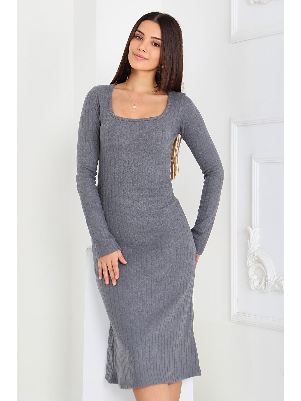 Gri Kare Yaka Fitilili Kaşkorse Elbise Füme - 27867-FUME-1