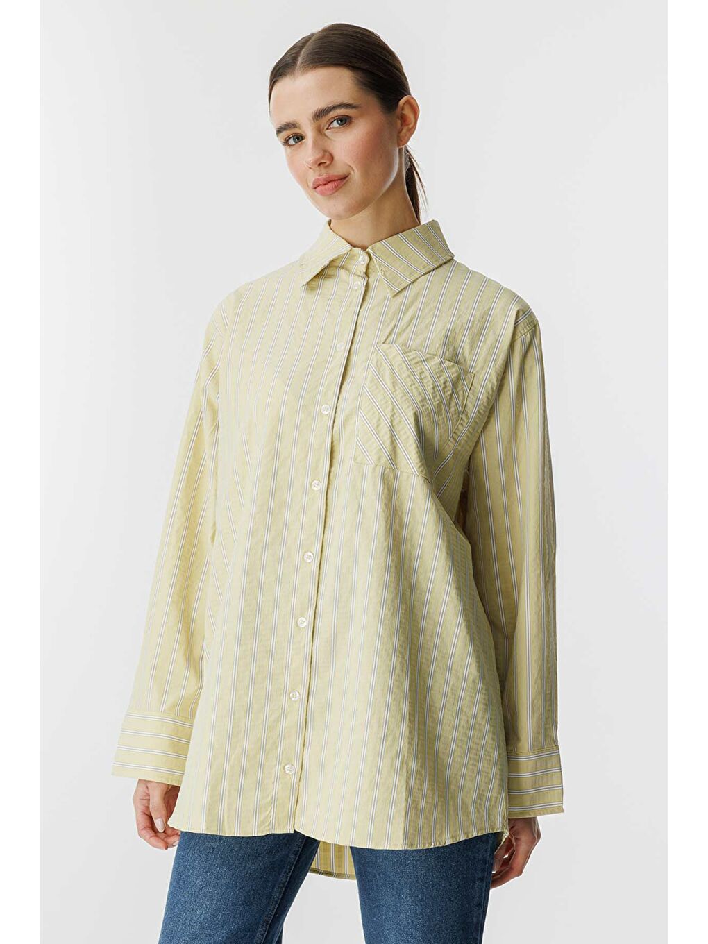 Çizgili Oversize Limon Sarısı Gömlek