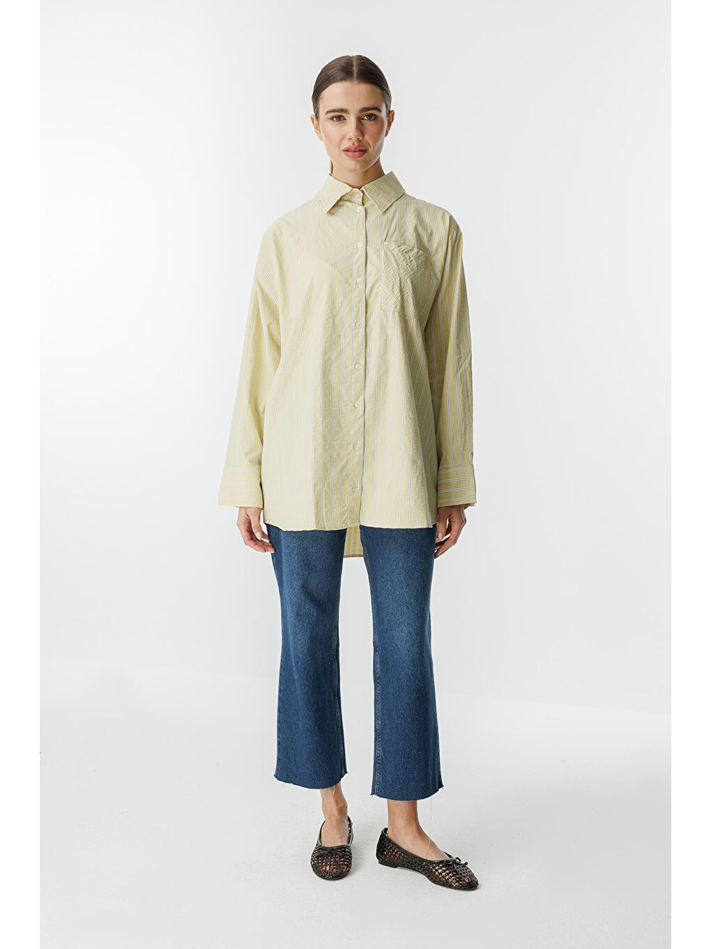 Çizgili Oversize Limon Sarısı Gömlek-1