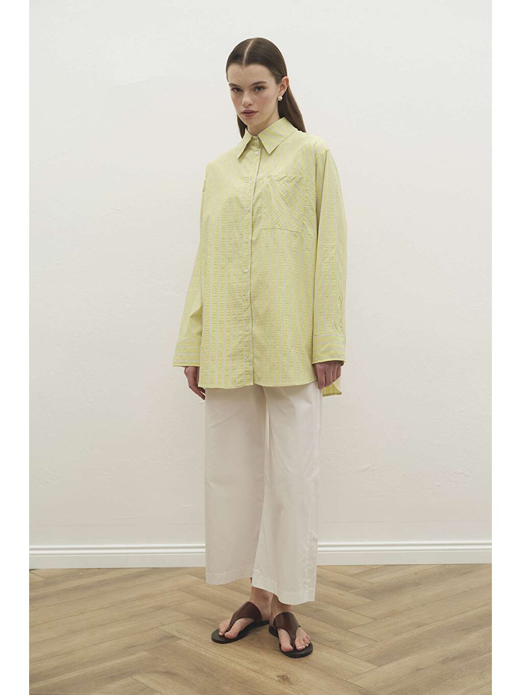 Çizgili Oversize Limon Sarısı Gömlek-2