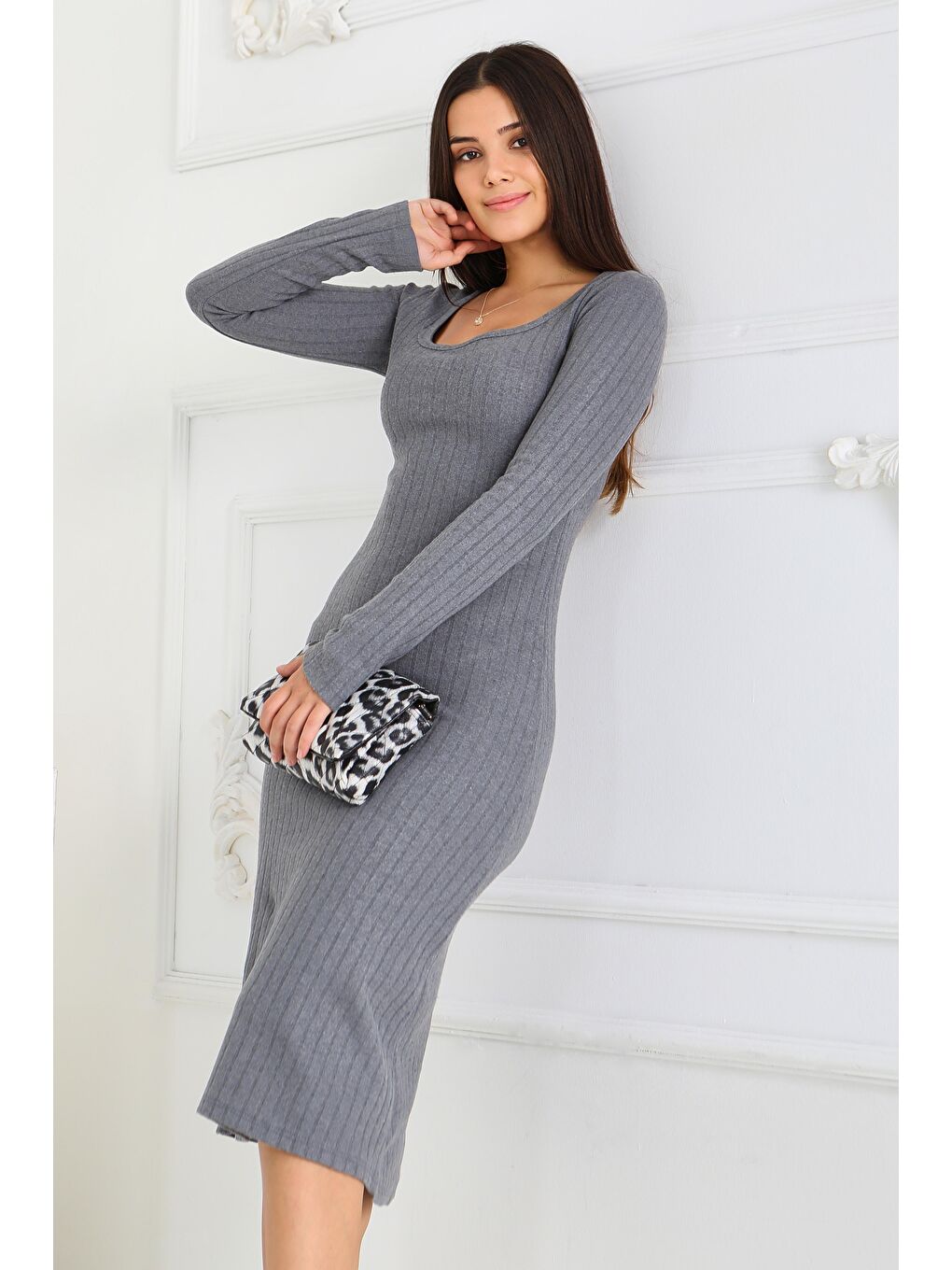 Gri Kare Yaka Fitilili Kaşkorse Elbise Füme - 27867-FUME-3