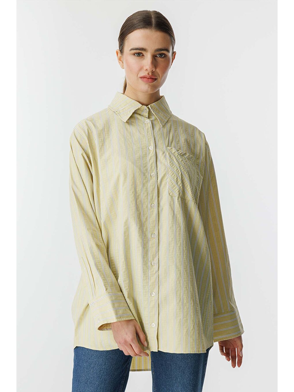 Çizgili Oversize Limon Sarısı Gömlek-3