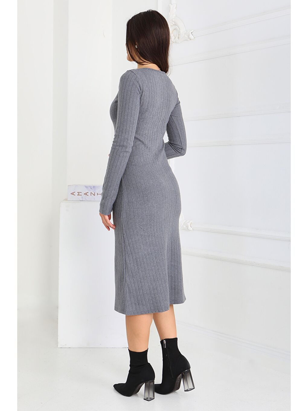 Gri Kare Yaka Fitilili Kaşkorse Elbise Füme - 27867-FUME-4