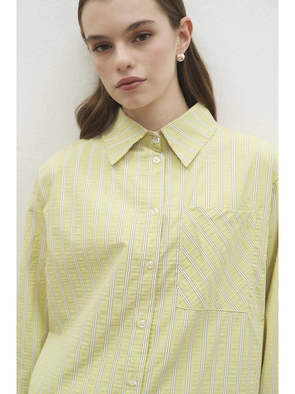 Çizgili Oversize Limon Sarısı Gömlek-4