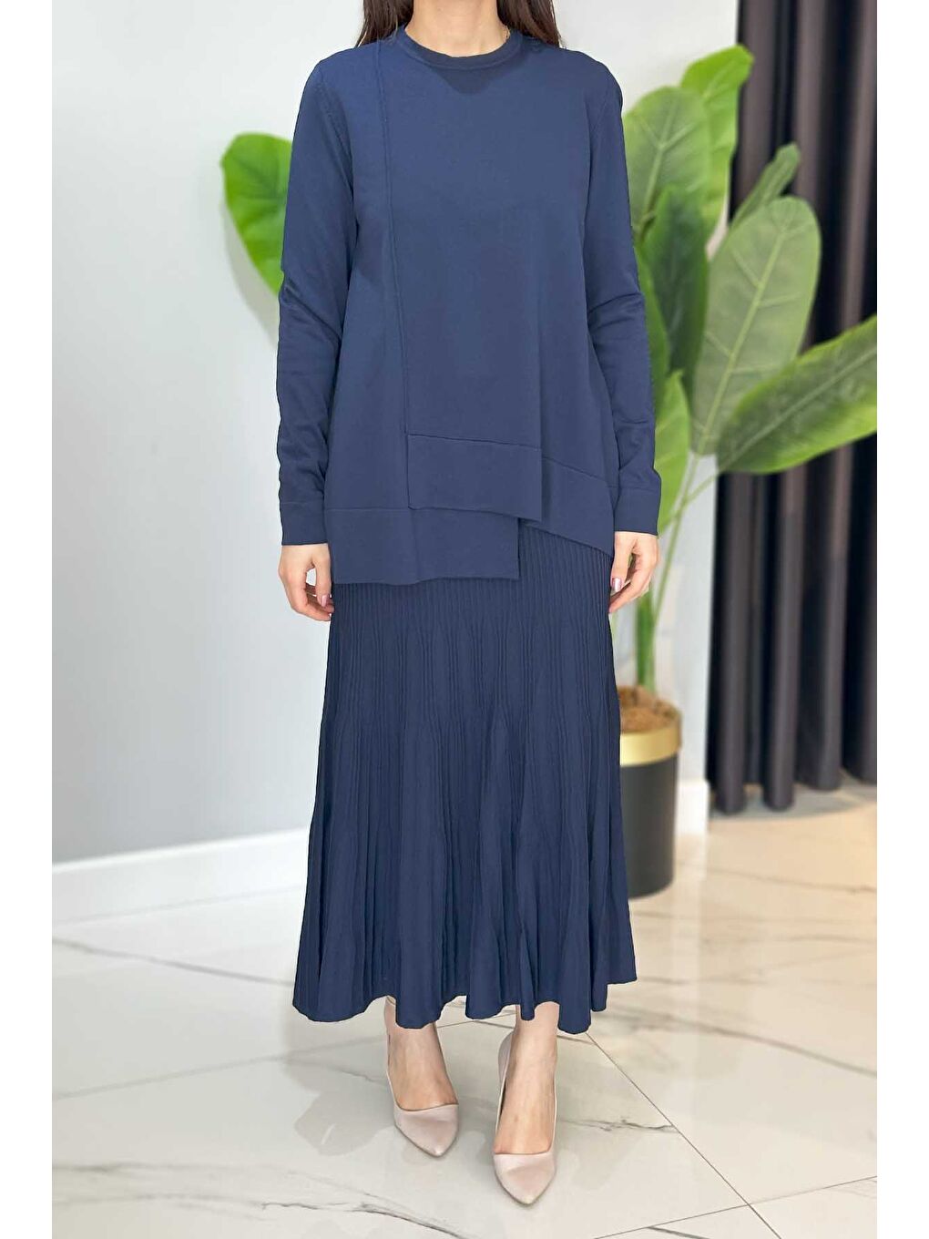 Merserize Tunik Detaylı Triko Etekli Takım 703 Lacivert