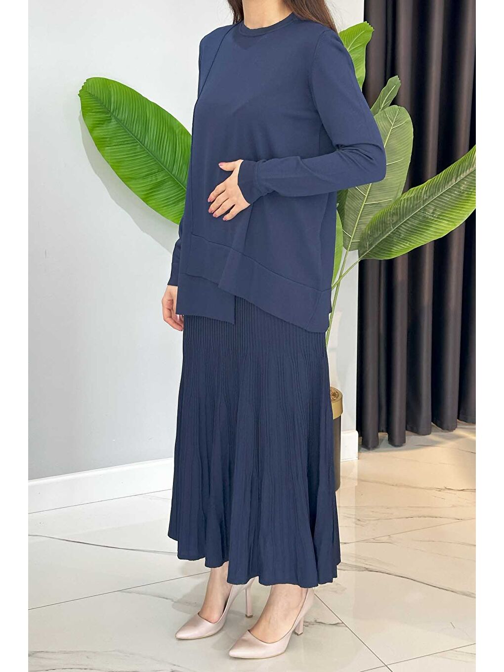 Merserize Tunik Detaylı Triko Etekli Takım 703 Lacivert-1