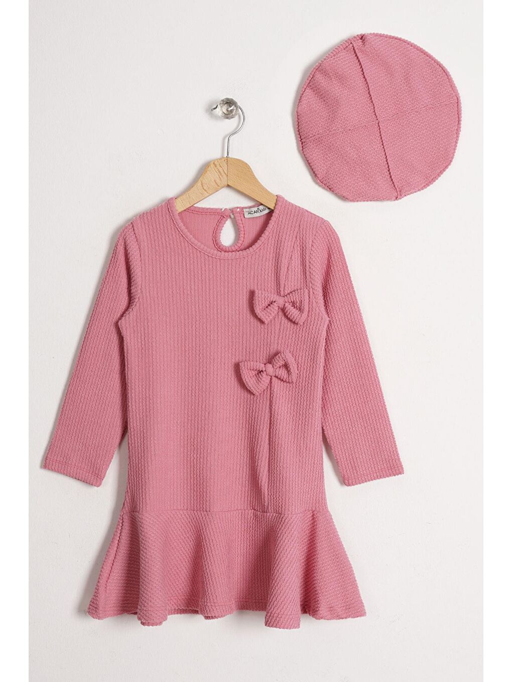 Pembe Bisiklet Yaka Fiyonk Detaylı Şapka Aksesuarlı Gül Kurusu Renk Kız Çocuk Elbise