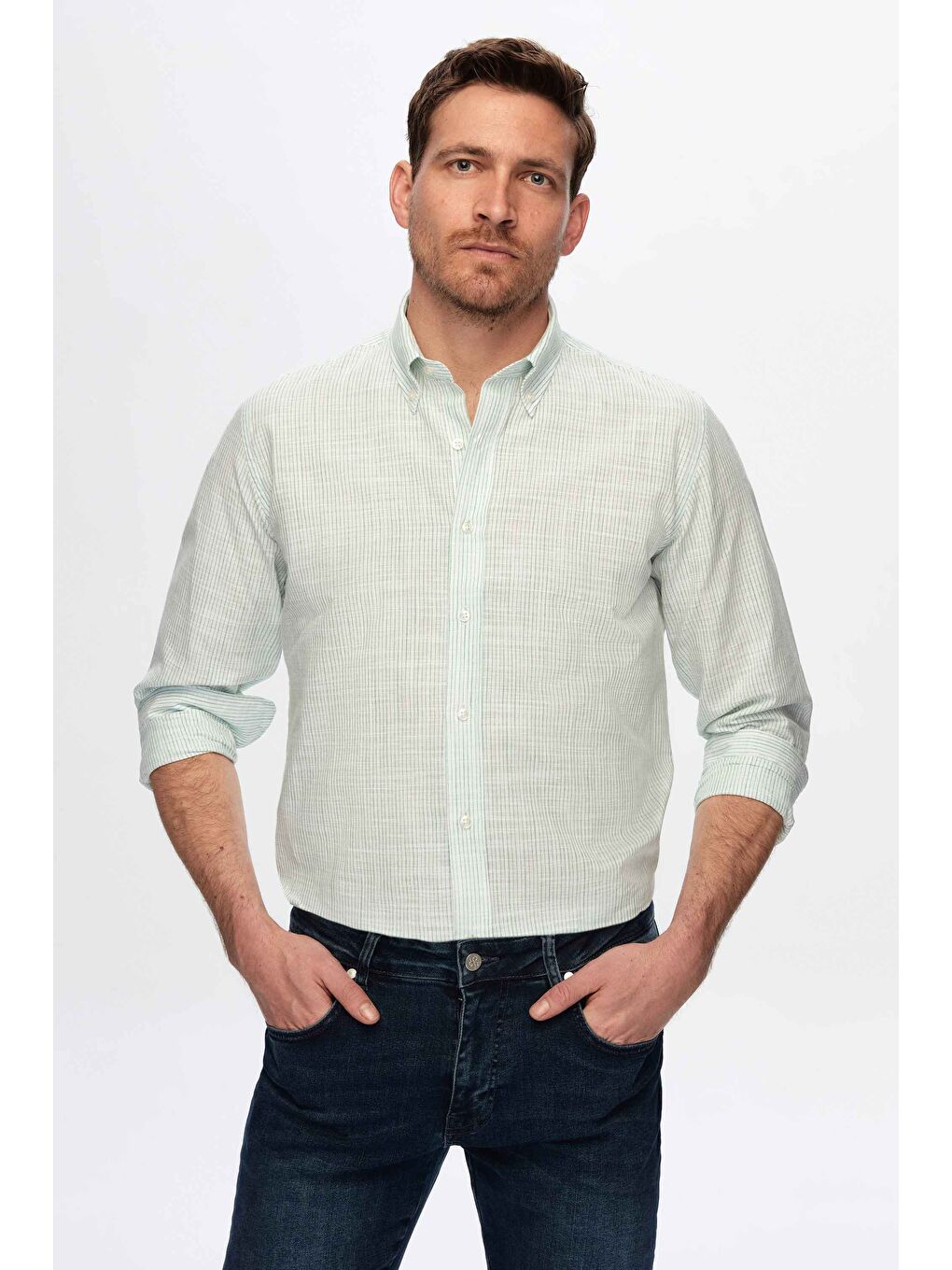 Slim Fit Yeşil İnce Çizgili %100 Pamuk Yazlık Keten Gömlek