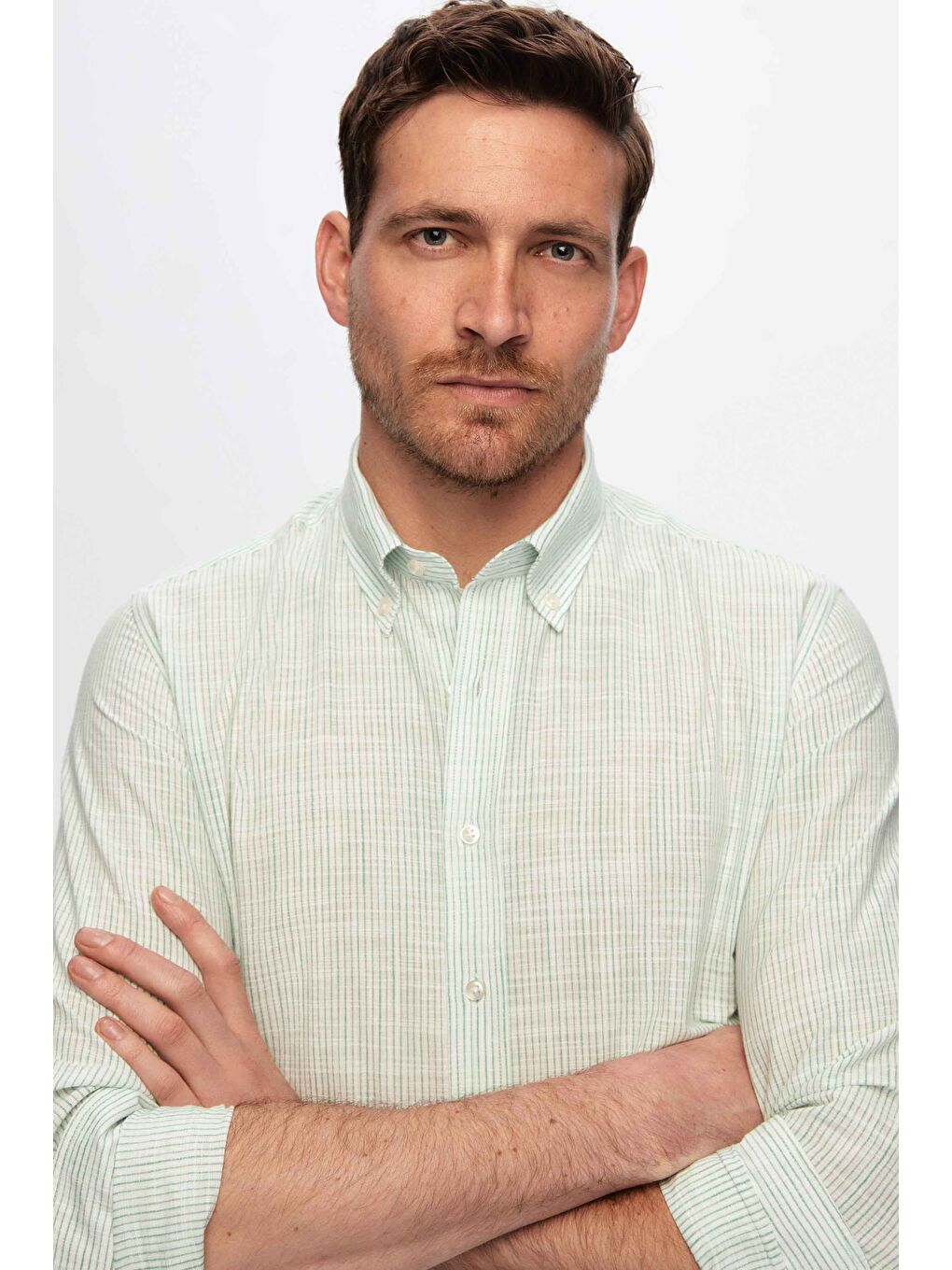 Slim Fit Yeşil İnce Çizgili %100 Pamuk Yazlık Keten Gömlek-1