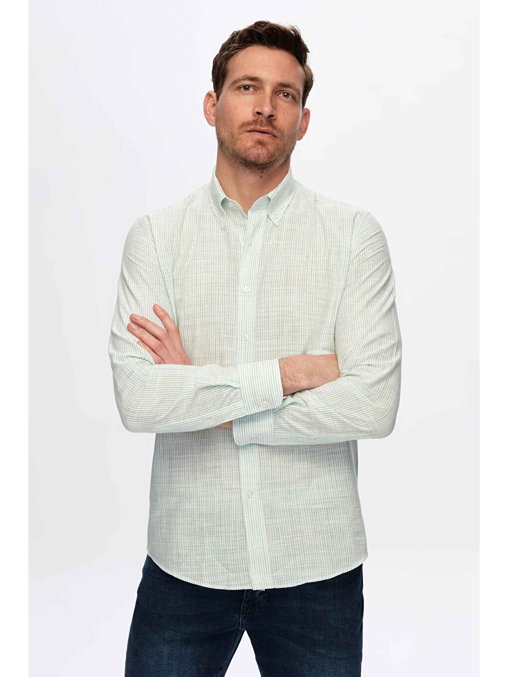 Slim Fit Yeşil İnce Çizgili %100 Pamuk Yazlık Keten Gömlek-2