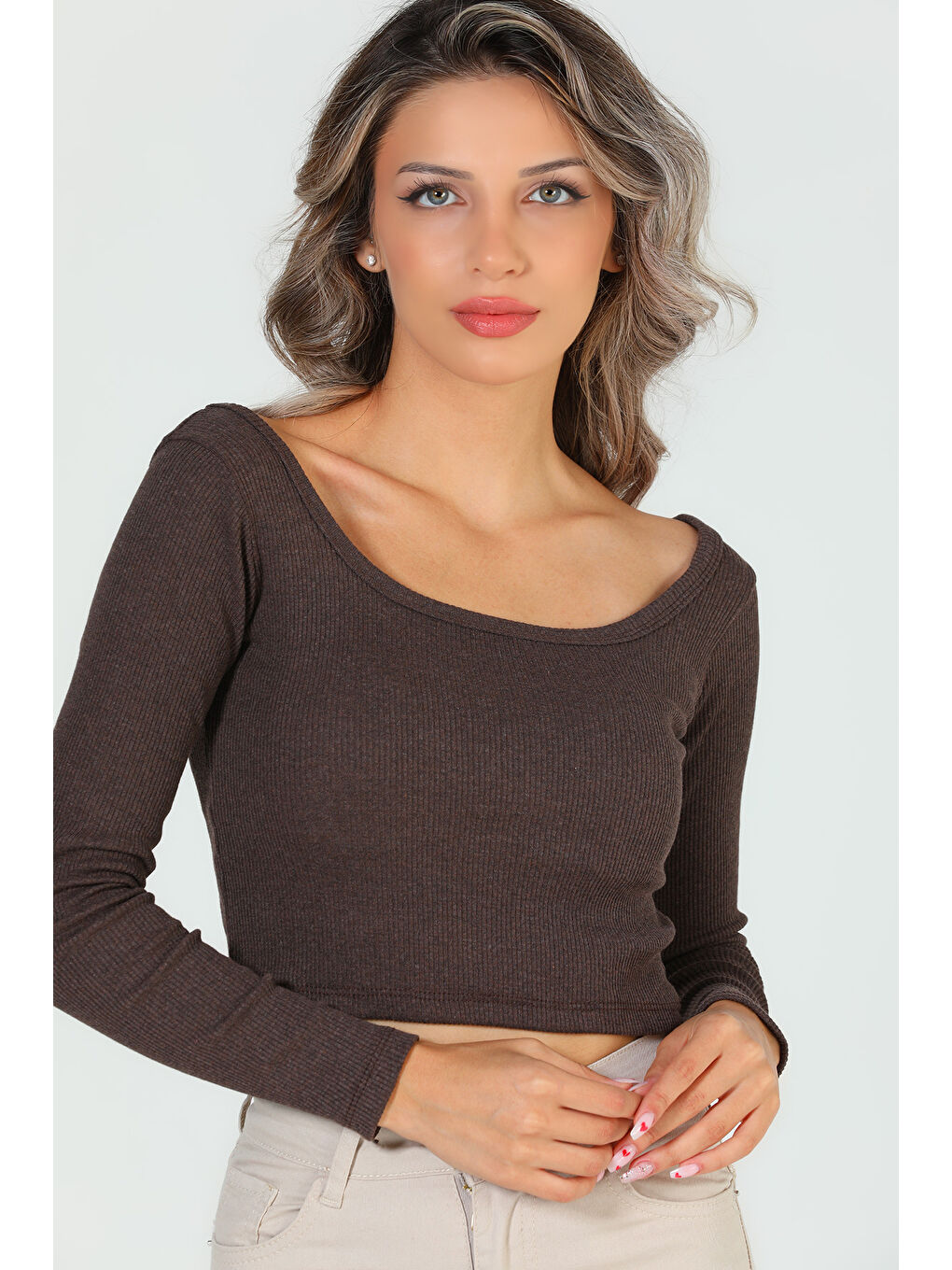 GÜLSELİ Kahverengi Kadın Kare Yaka Kaşkorse Crop Body Bluz - 2