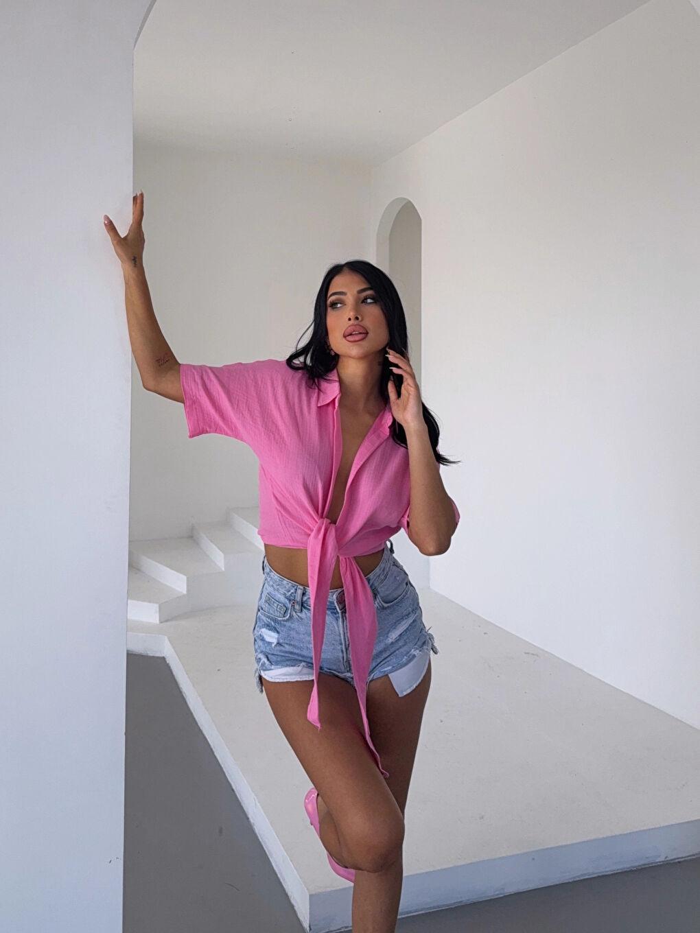 Kadın Pembe Bağlama Detaylı Müslin Keten Bluz HZL25S-DSB1212-1