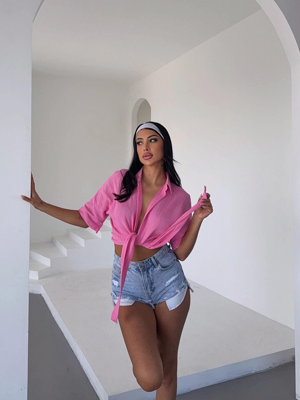 Kadın Pembe Bağlama Detaylı Müslin Keten Bluz HZL25S-DSB1212-2