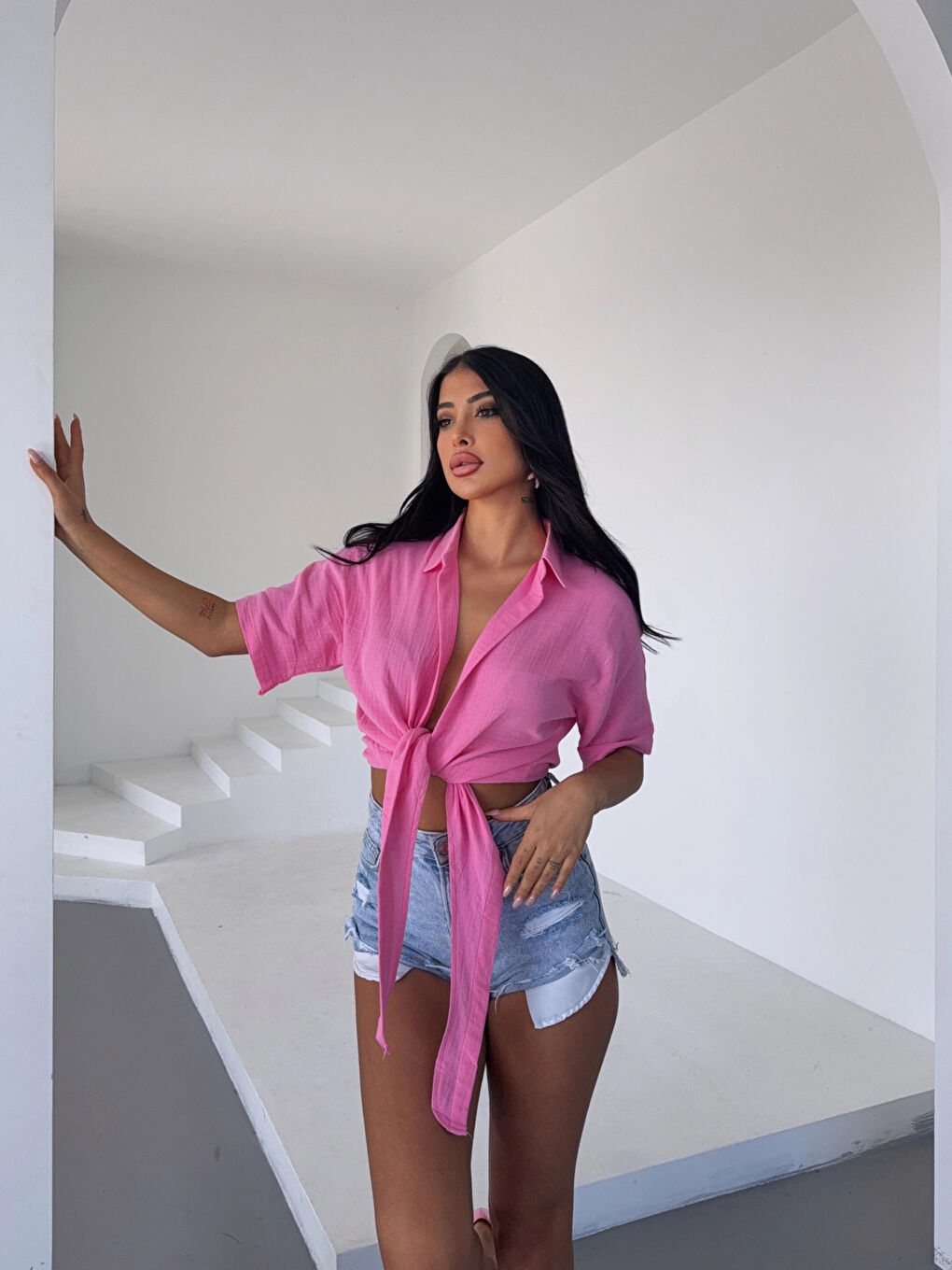 Kadın Pembe Bağlama Detaylı Müslin Keten Bluz HZL25S-DSB1212-3