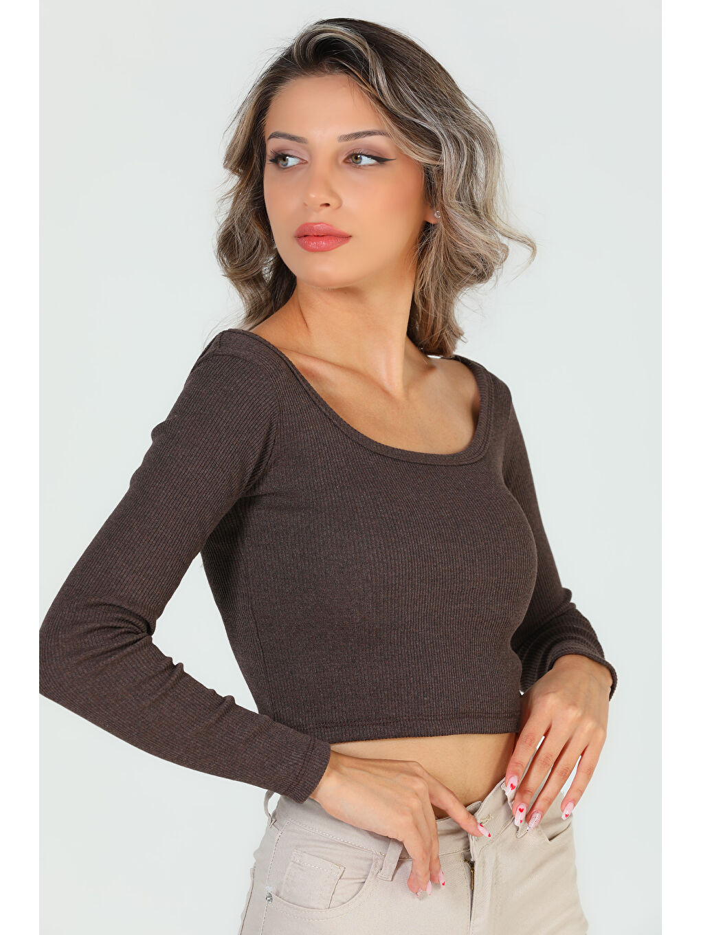 GÜLSELİ Kahverengi Kadın Kare Yaka Kaşkorse Crop Body Bluz - 3