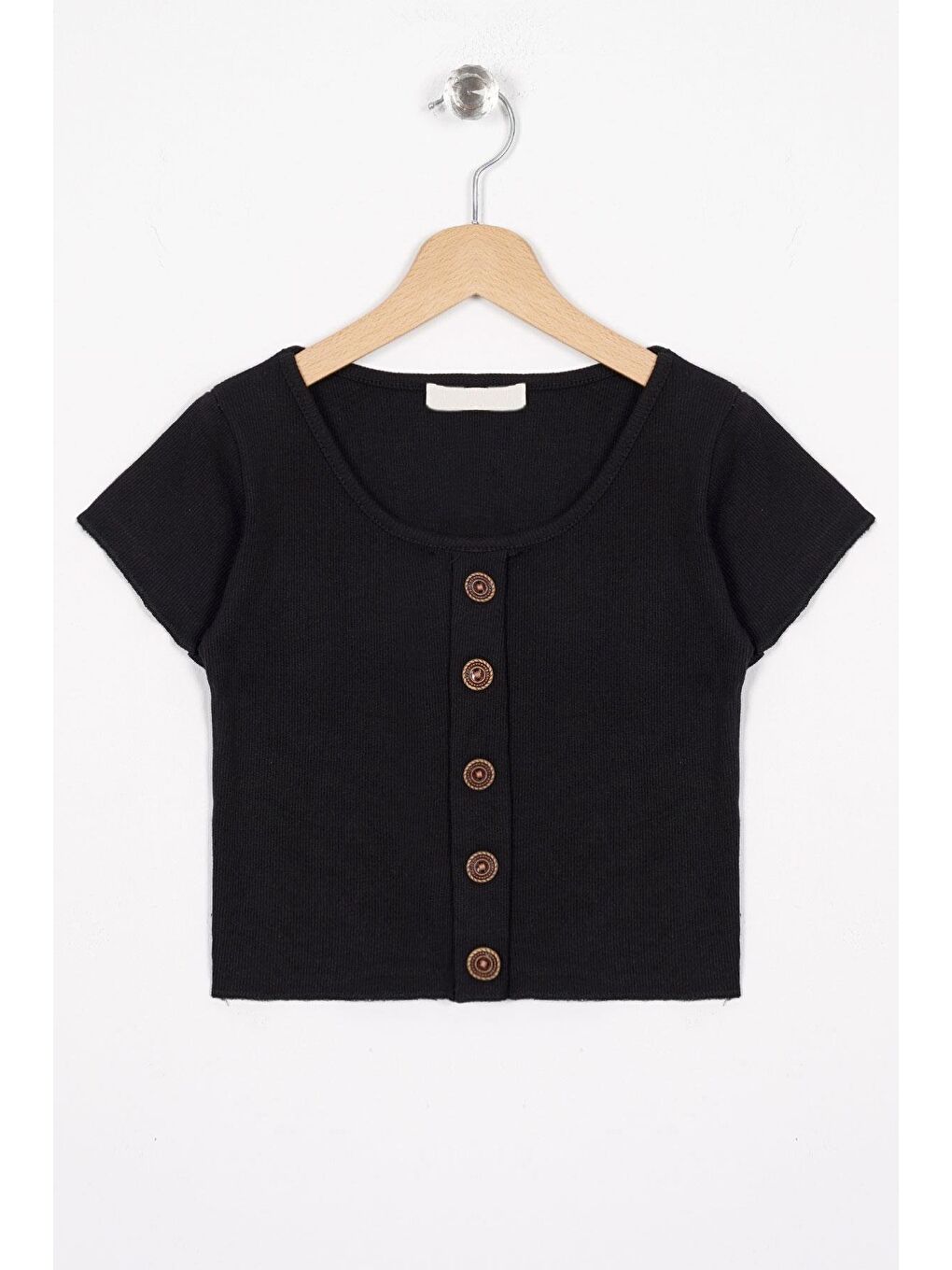 Bisiklet Yaka Kısa Kol Fitilli Siyah Renk Kız Çocuk Tshirt