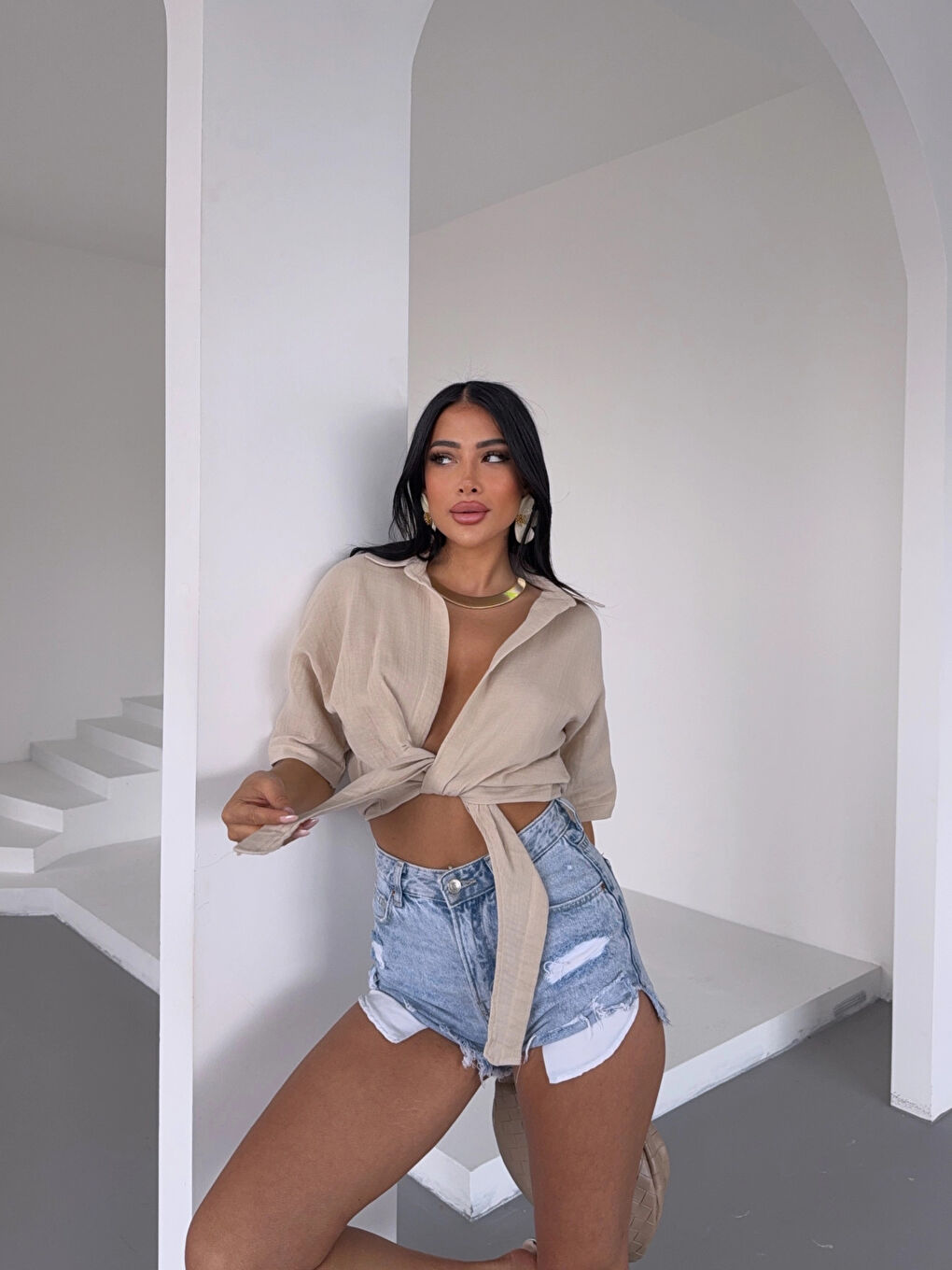 Kadın Bej Bağlama Detaylı Müslin Keten Bluz HZL25S-DSB1212-1