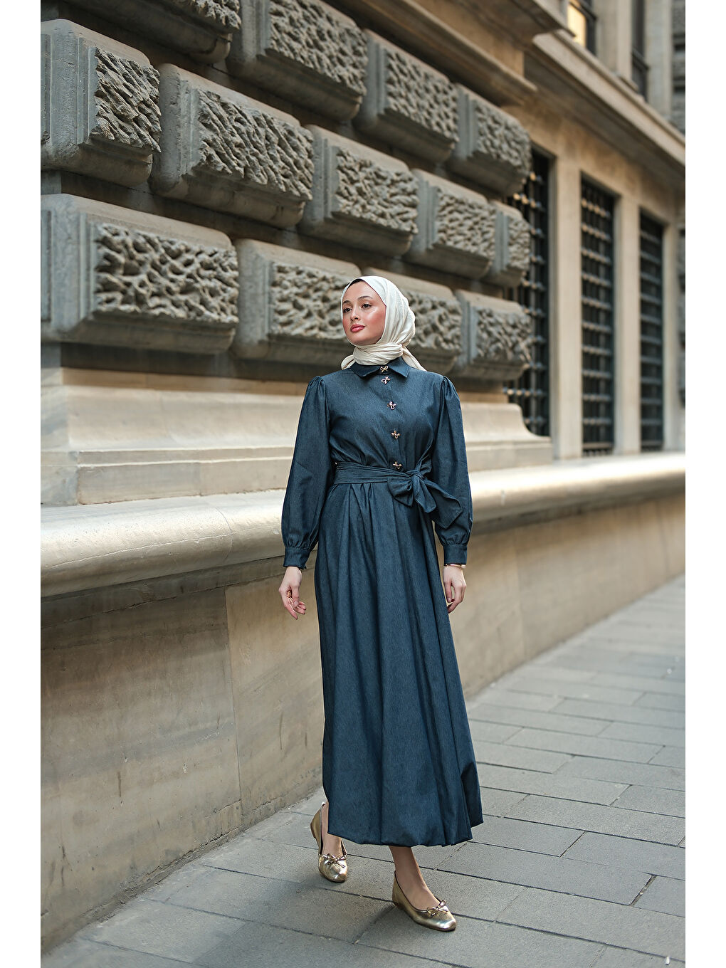 Kadın Gold Kurdele Düğme Detaylı Jean Elbise Koyu Mavi-1