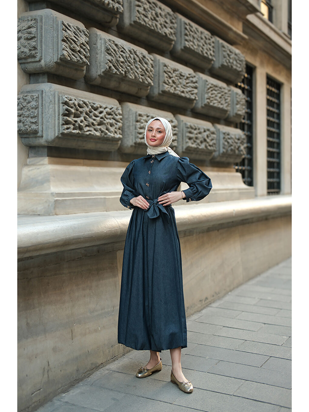 Kadın Gold Kurdele Düğme Detaylı Jean Elbise Koyu Mavi-3