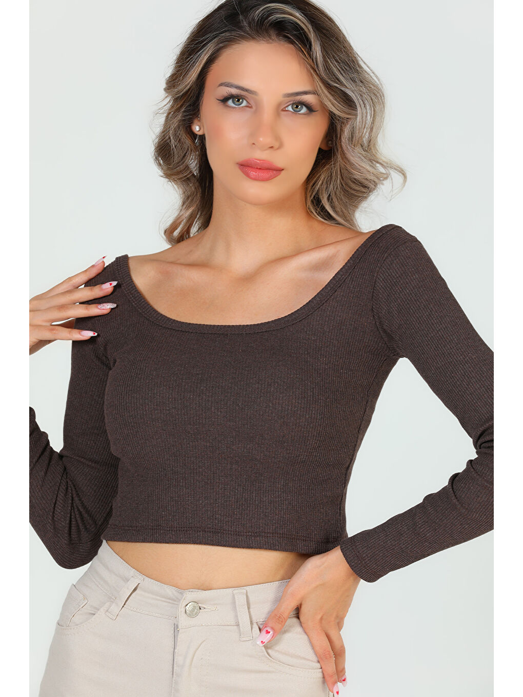 GÜLSELİ Kahverengi Kadın Kare Yaka Kaşkorse Crop Body Bluz - 4