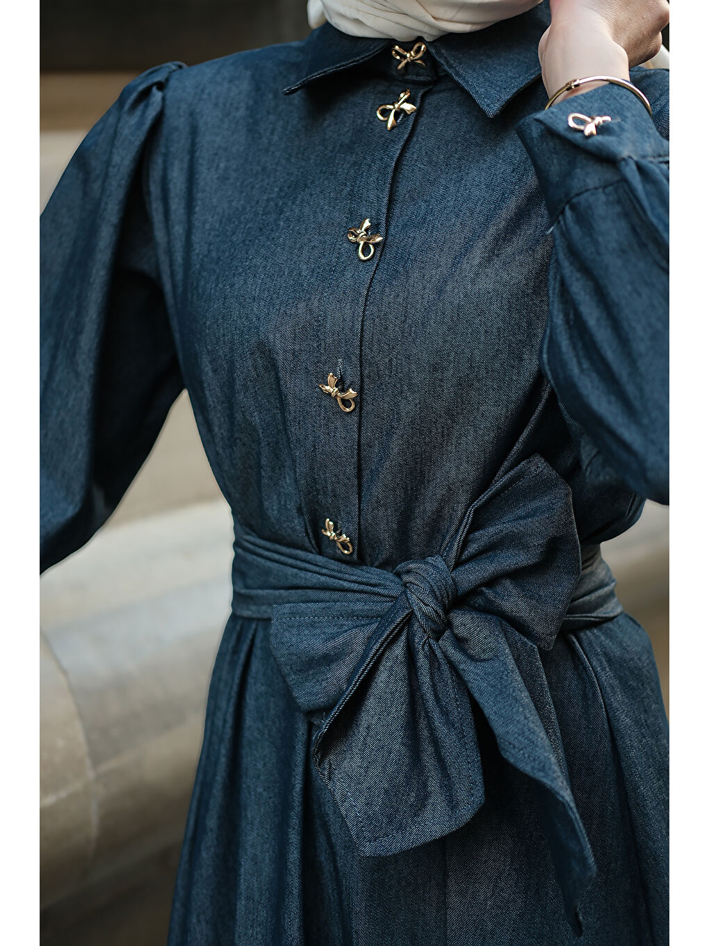 Kadın Gold Kurdele Düğme Detaylı Jean Elbise Koyu Mavi-4