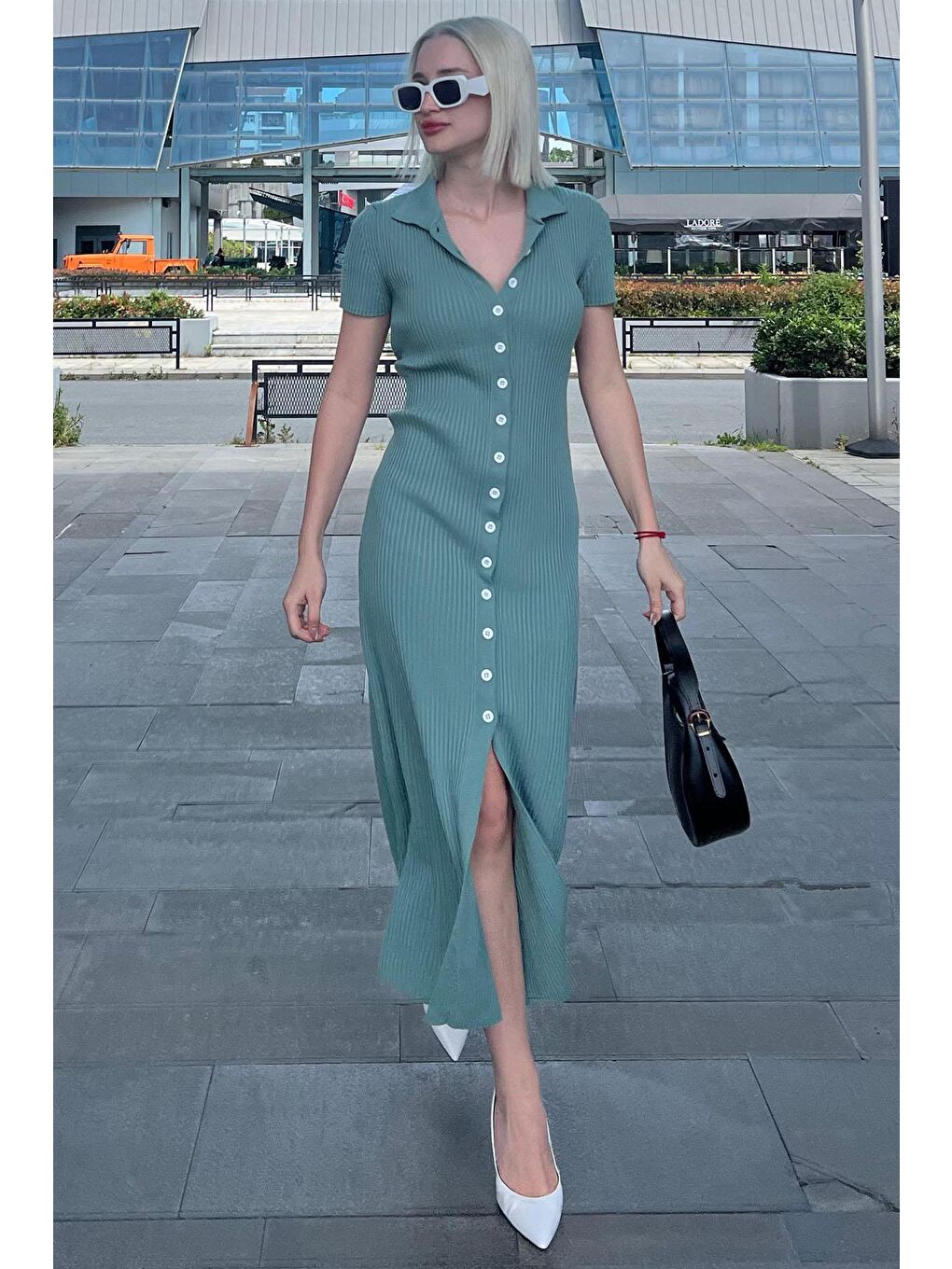 Mint Yeşili Düğmeli V Yaka Uzun Triko Elbise Mg2078