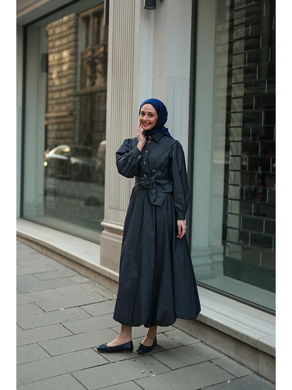 Kadın Gold Kurdele Düğme Detaylı Jean Elbise Lacivert-1