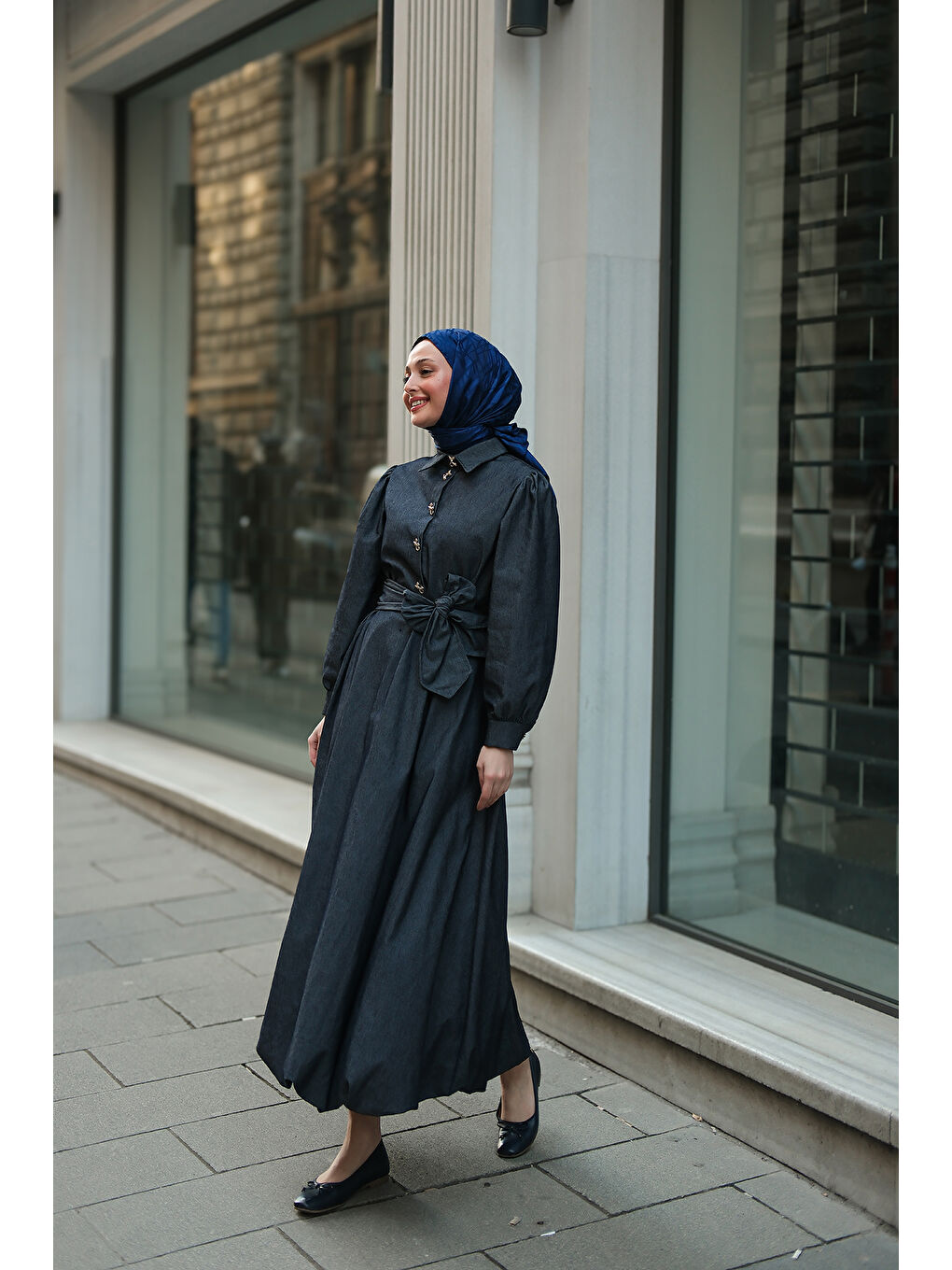 Kadın Gold Kurdele Düğme Detaylı Jean Elbise Lacivert-2