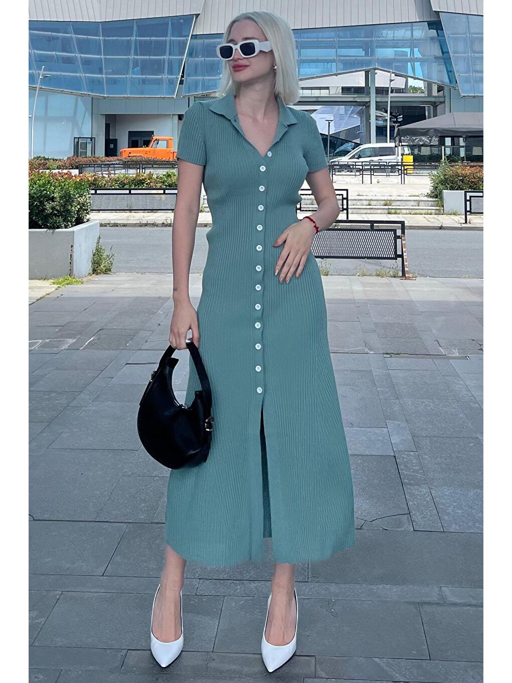 Mint Yeşili Düğmeli V Yaka Uzun Triko Elbise Mg2078-1