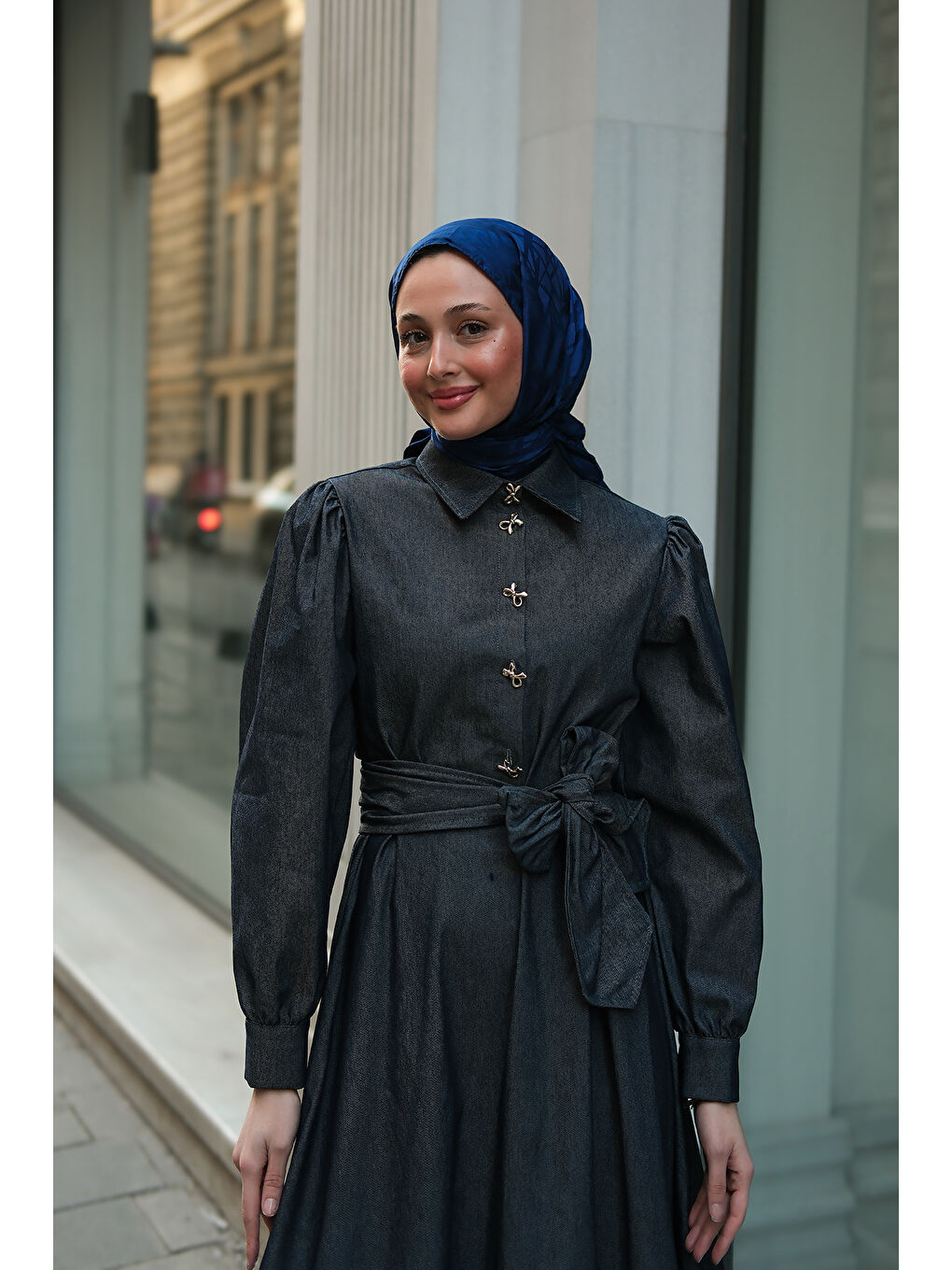 Kadın Gold Kurdele Düğme Detaylı Jean Elbise Lacivert-3