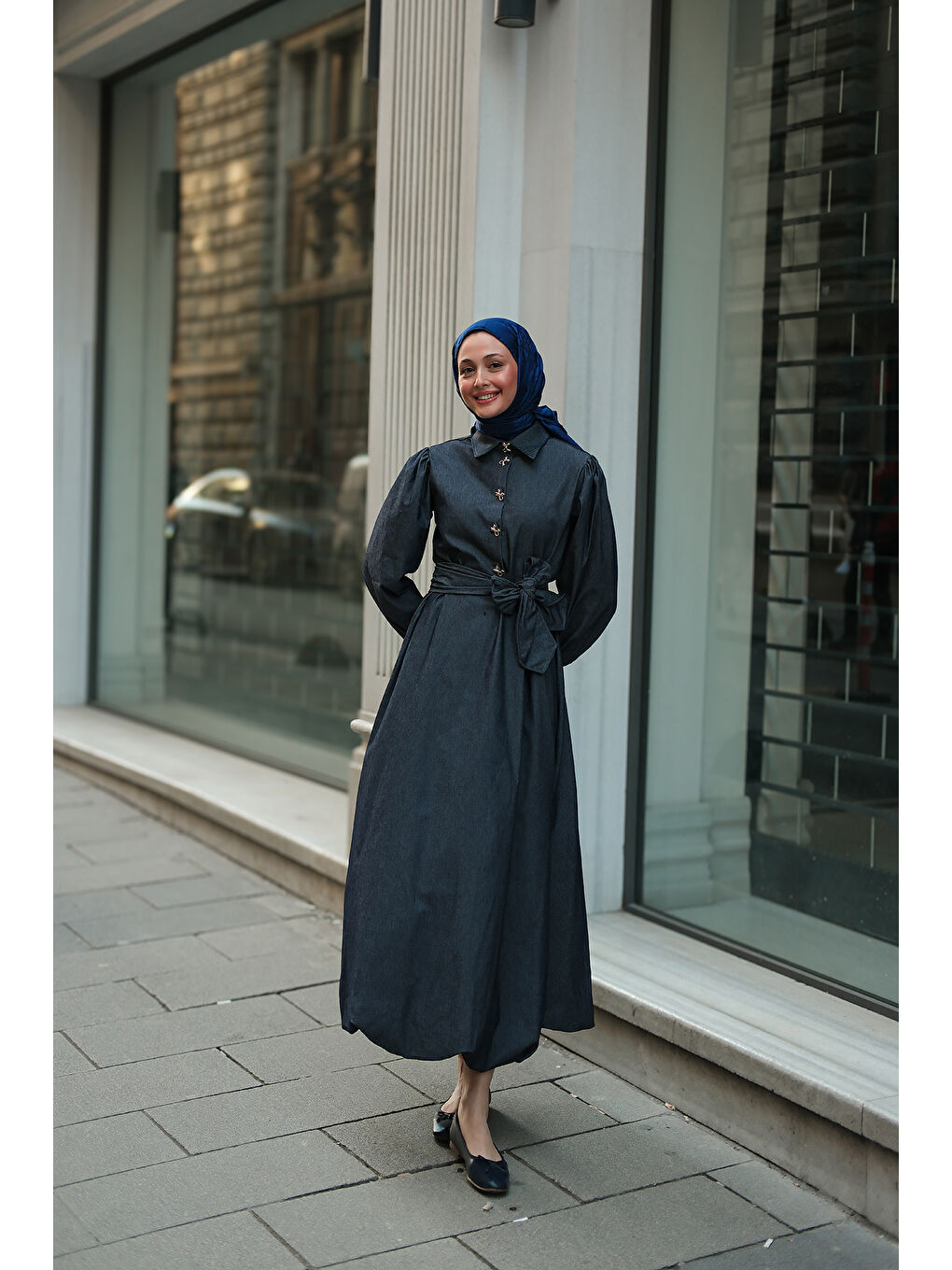 Kadın Gold Kurdele Düğme Detaylı Jean Elbise Lacivert-4