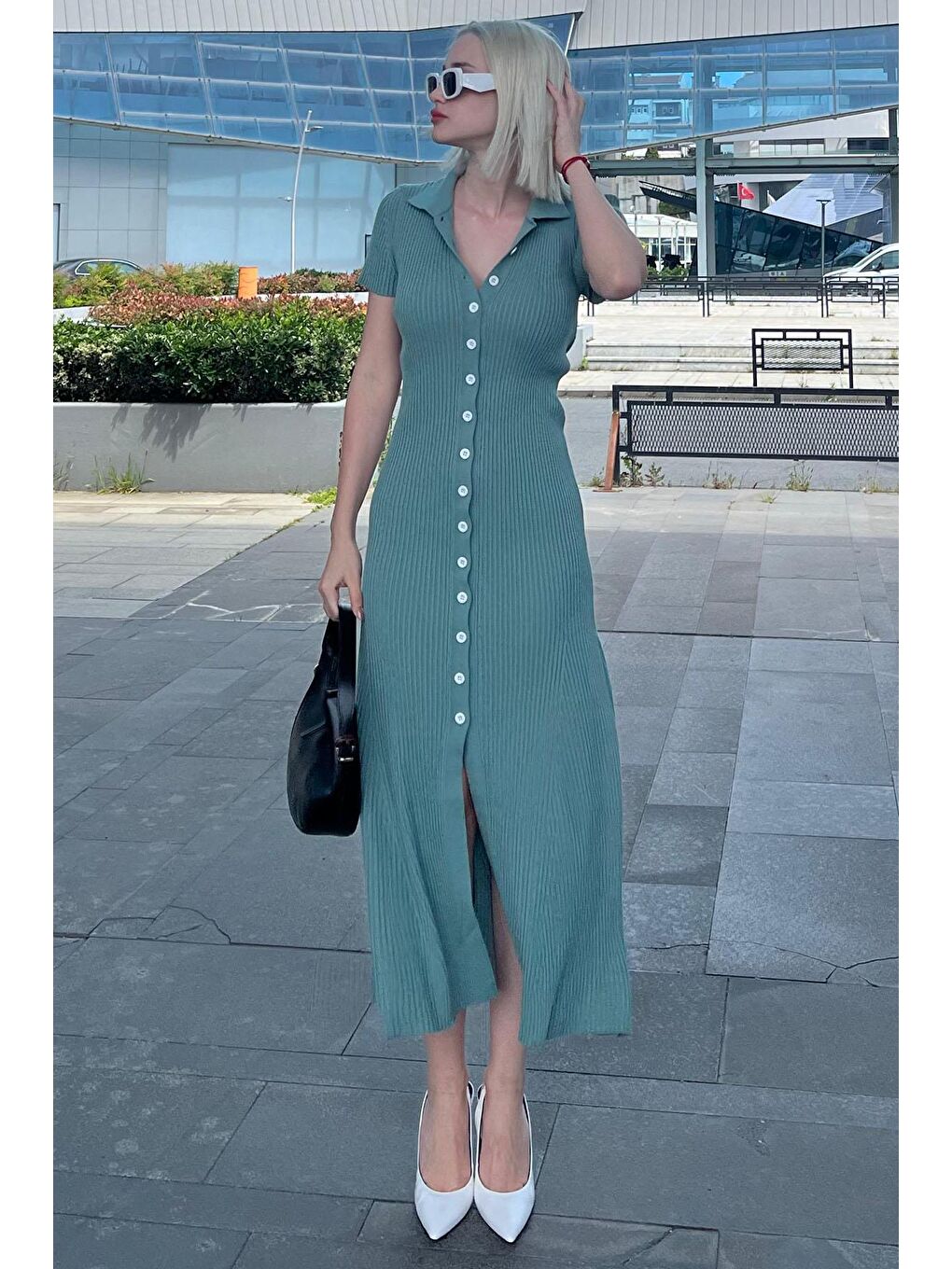 Mint Yeşili Düğmeli V Yaka Uzun Triko Elbise Mg2078-2