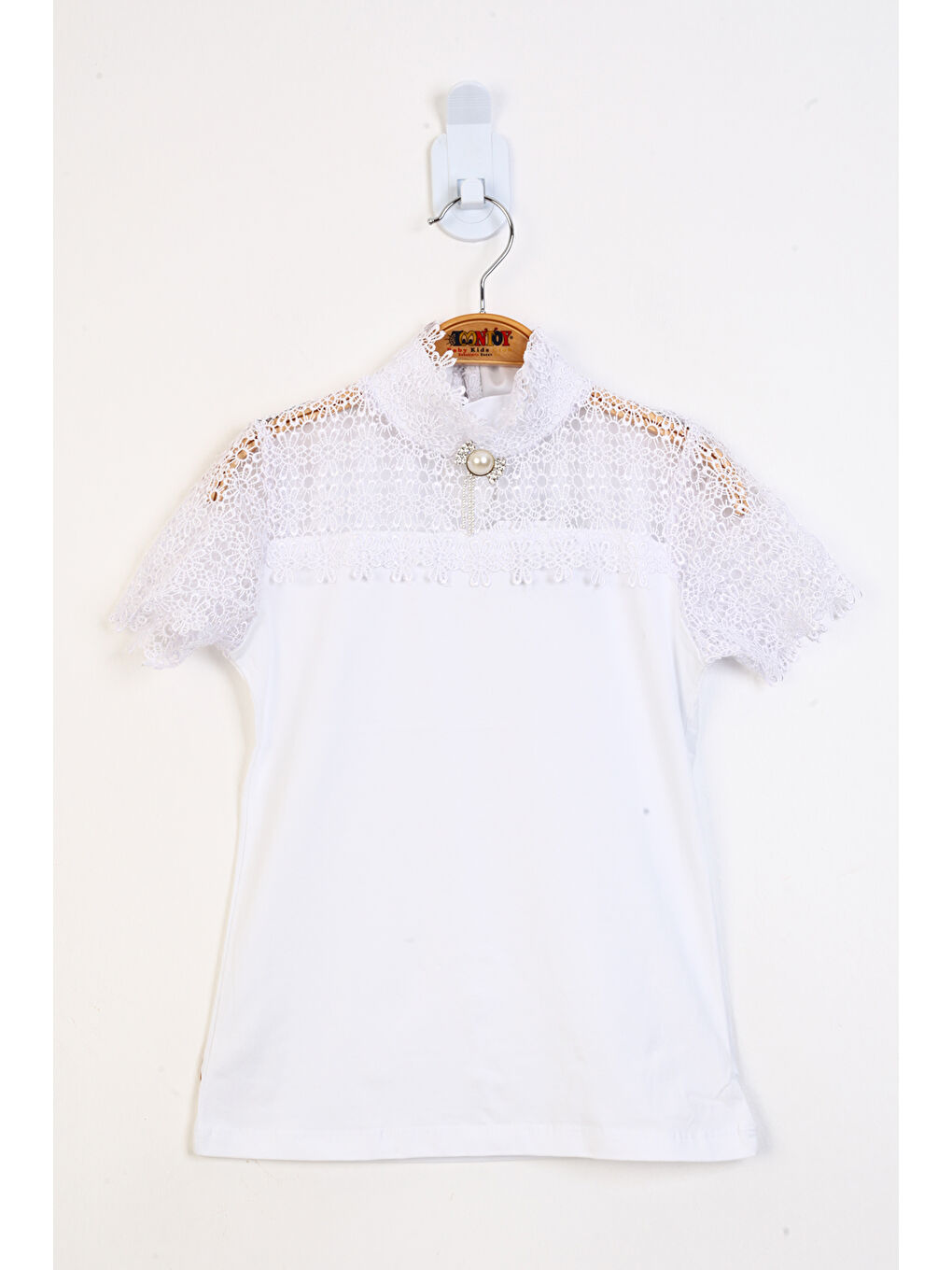 Beyaz Kız Çocuk Güpür Detaylı Tişört