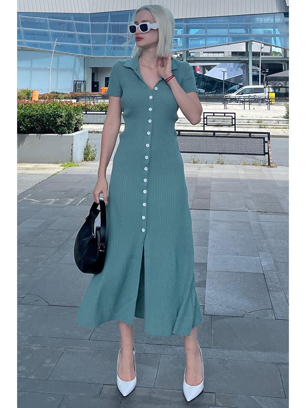 Mint Yeşili Düğmeli V Yaka Uzun Triko Elbise Mg2078-3