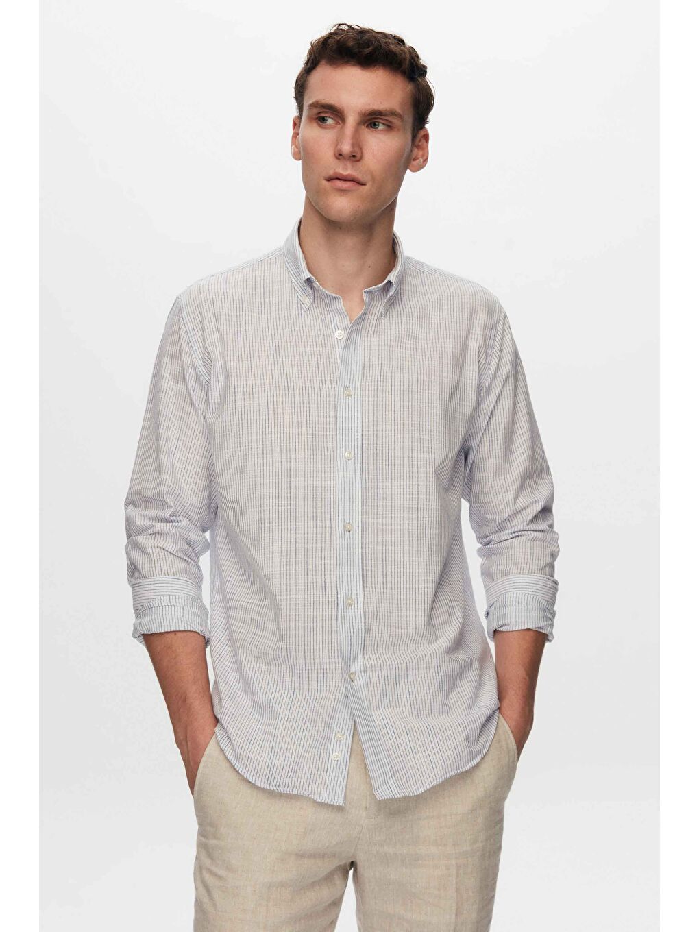 Slim Fit Mavi İnce Çizgili %100 Pamuk Yazlık Keten Gömlek-1